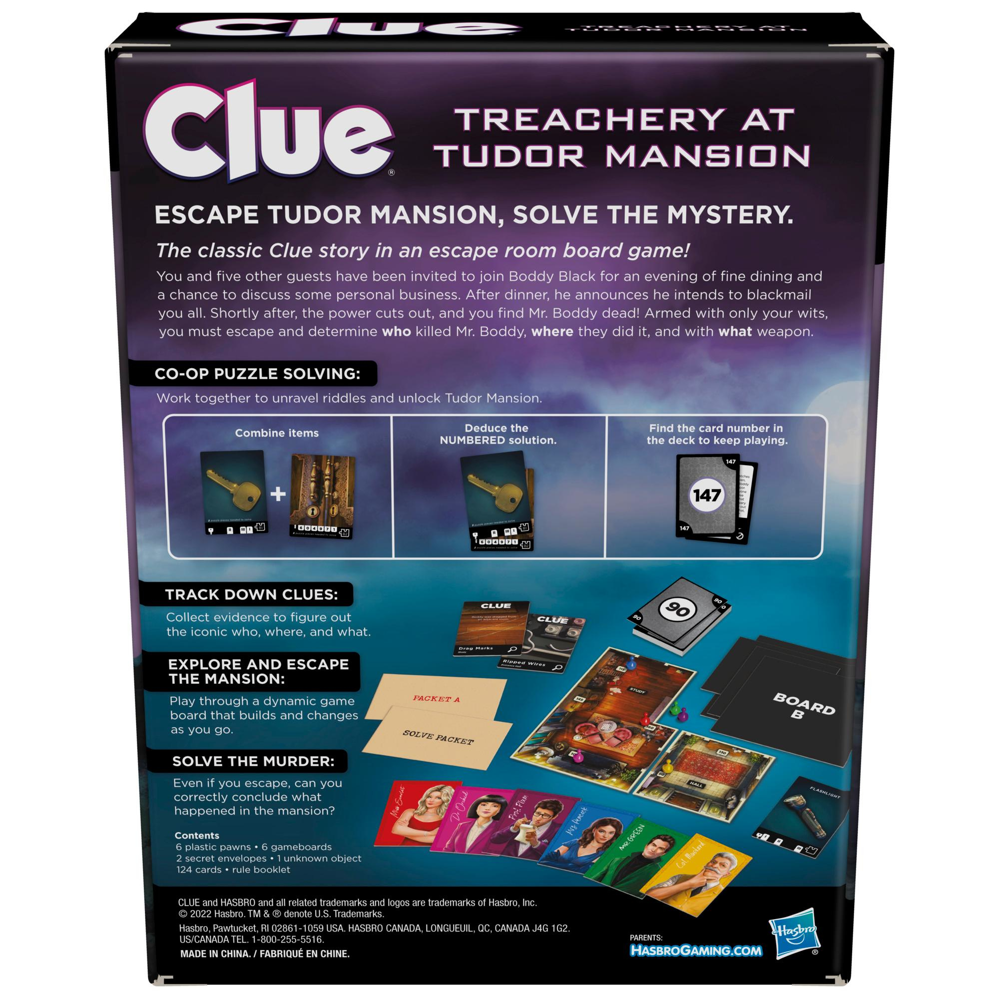 Clue bordspeldoos. Toont de naam van het spel, tekst en afbeeldingen van clue-kaarten, spelstukken en personages op de achterkant.