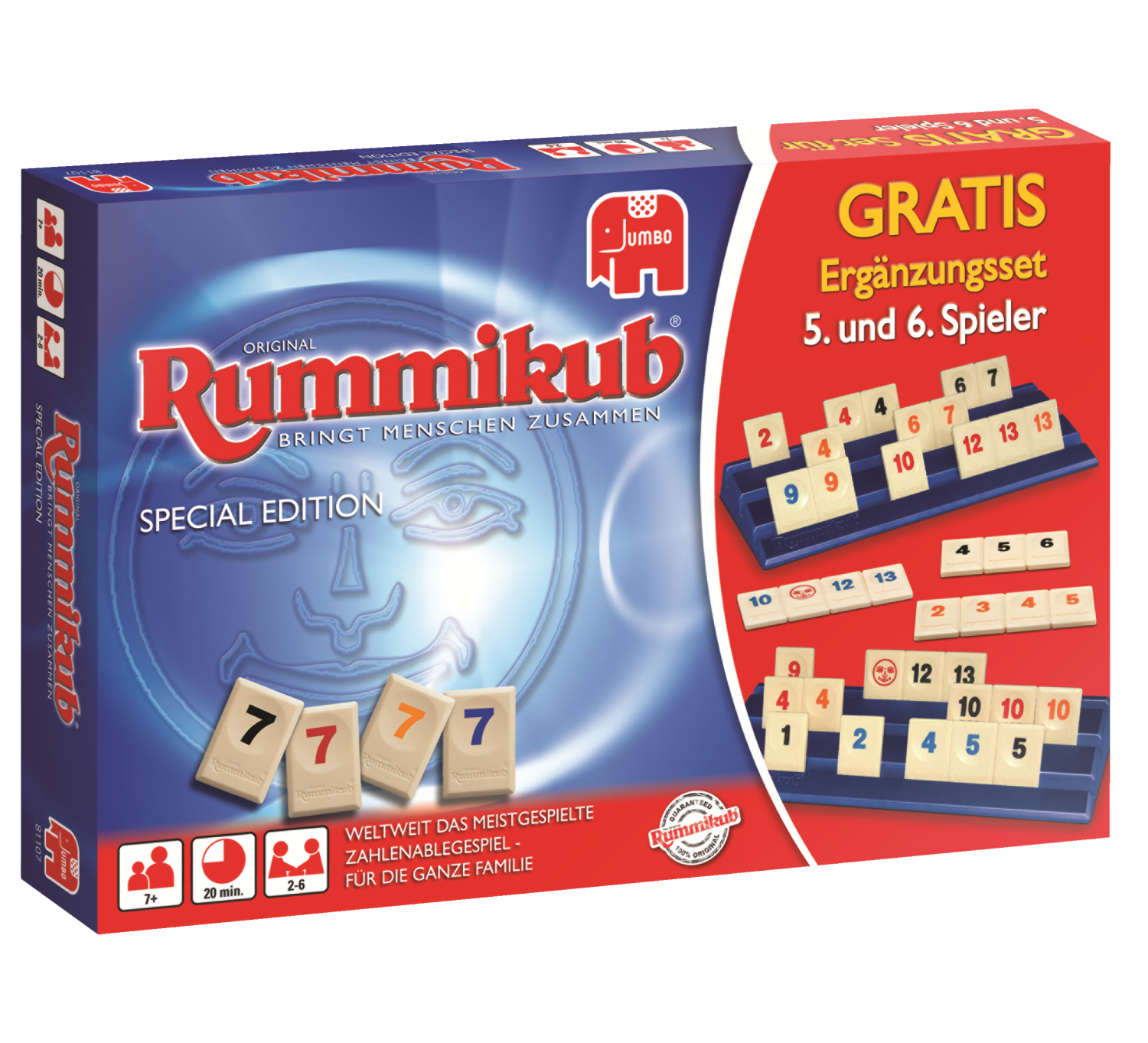 Rummikub-Spielbox mit Spielsteinen und Anweisungen, mit einem Mond und dem Text 'Rummikub'.