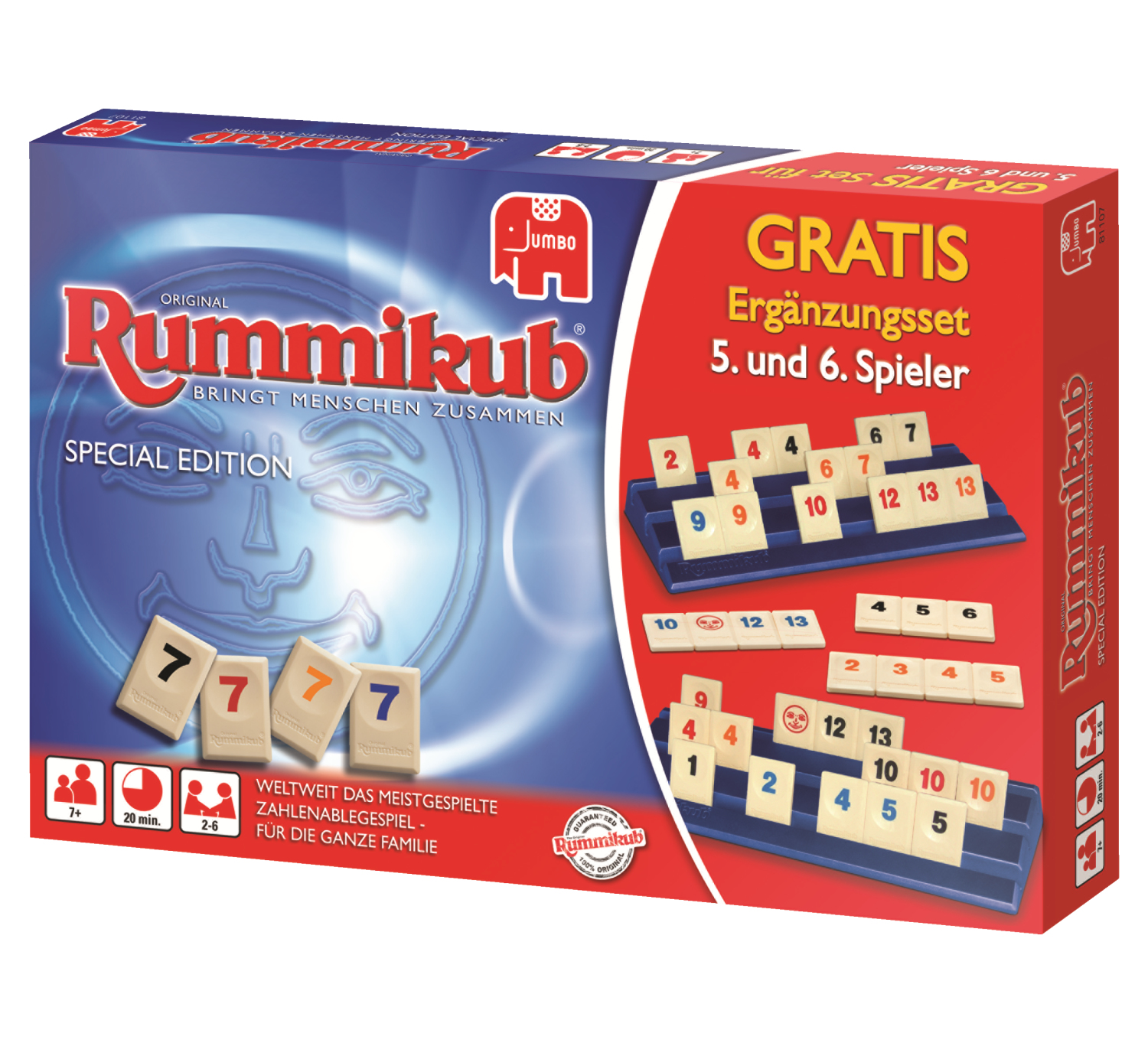 Rummikub-Spielbox. Die Box ist rot und blau mit angezeigten Spielsteinen. Text auf Deutsch.