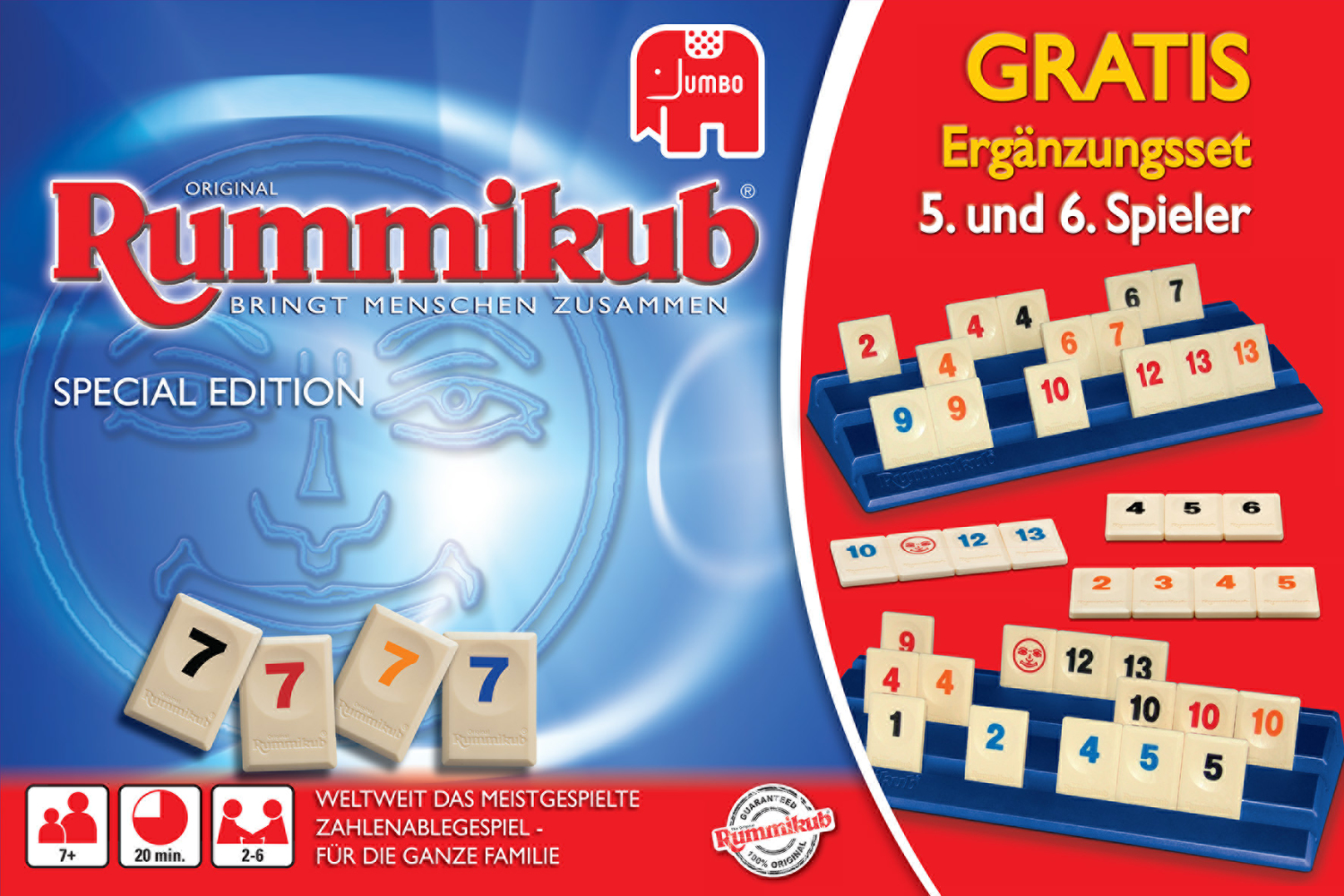 Rummikub-Box. Enthält Spielsteine mit Zahlen. Roter und blauer Kasten mit dem Spiel-Logo.