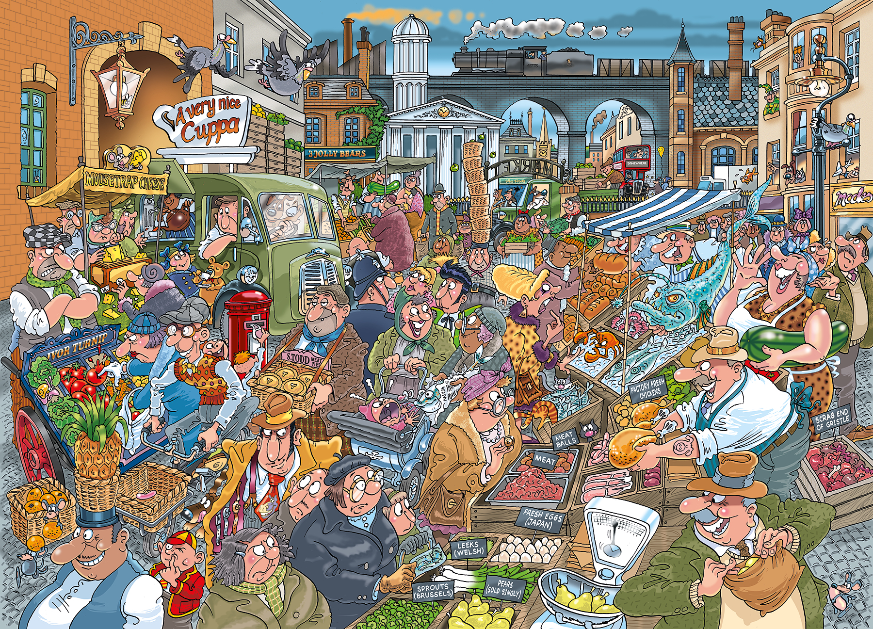 Kreskówka przedstawiająca ruchliwy targ. Ludzie kupują towary. Budynki w tle.