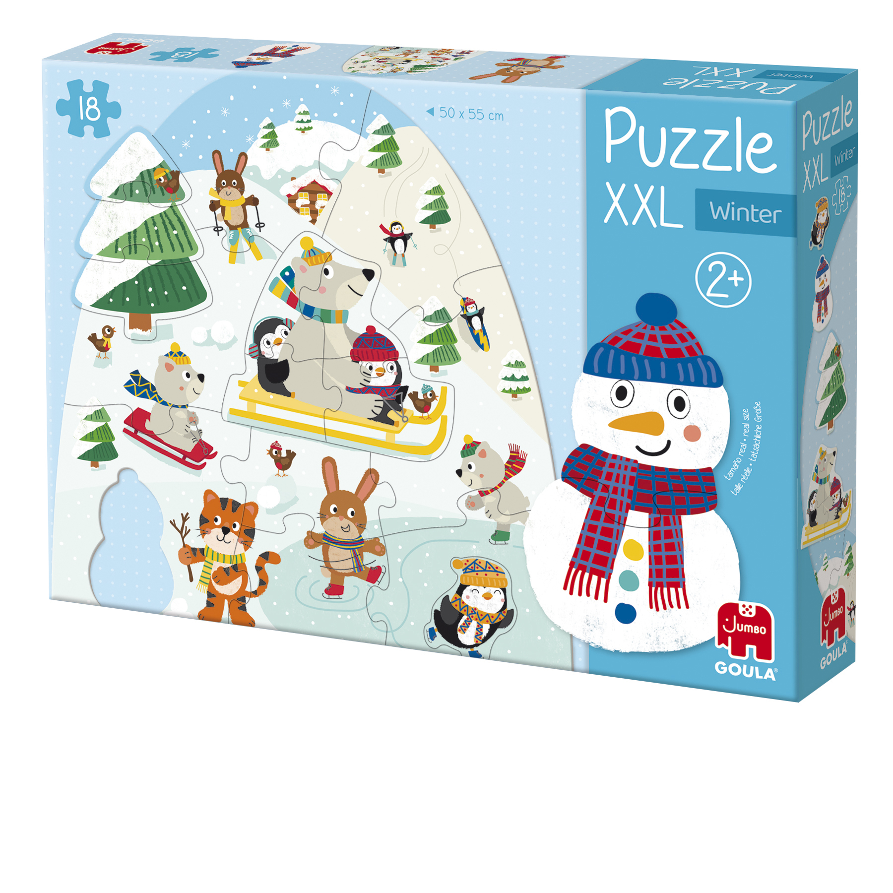 Puzzeldoos met een winterse scène: sneeuwpop, pinguïns, ijsberen en andere dieren die in de sneeuw spelen.