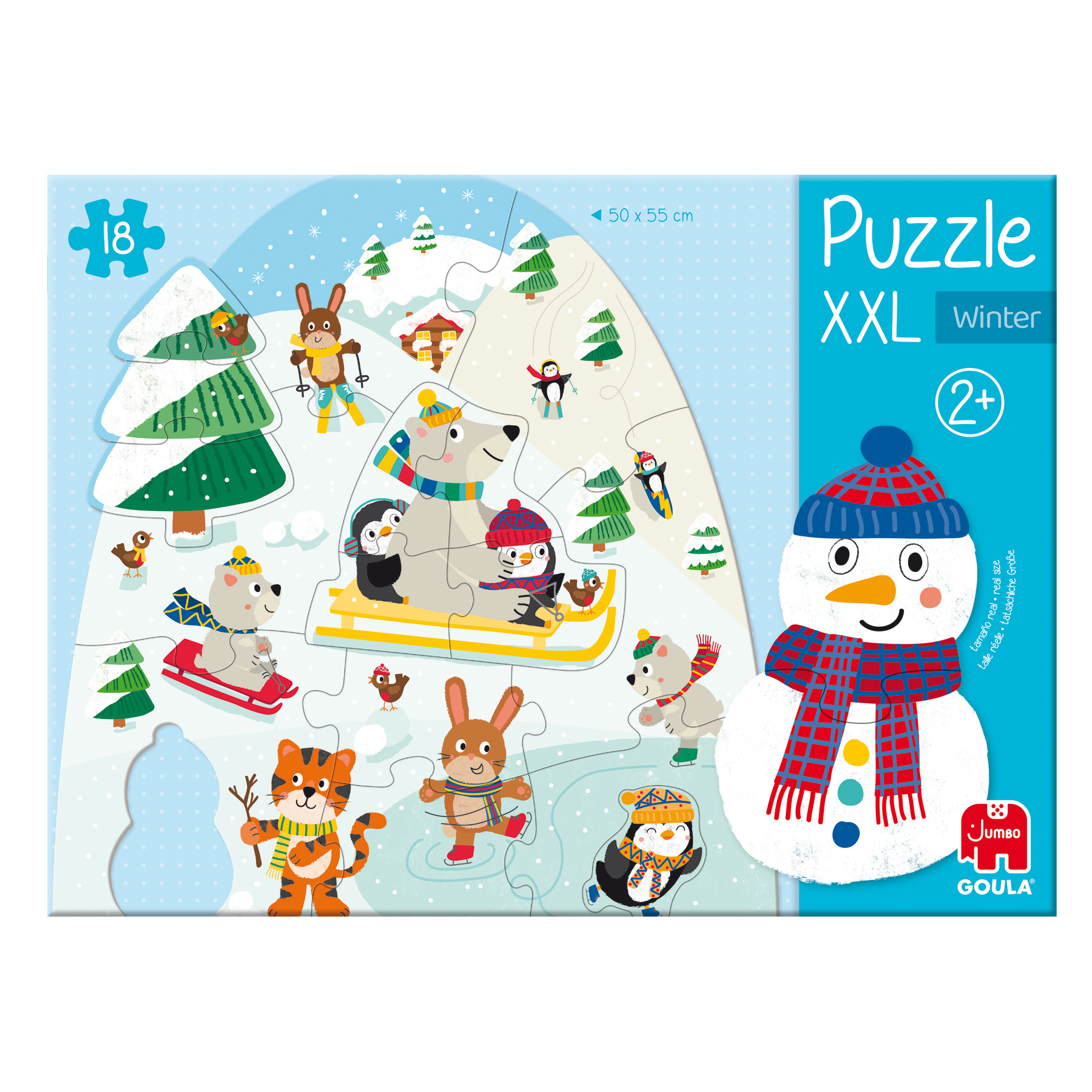 Puzzeldoos met winterscène. Met sneeuwman, pinguïns, ijsberen en andere winterthema illustraties.