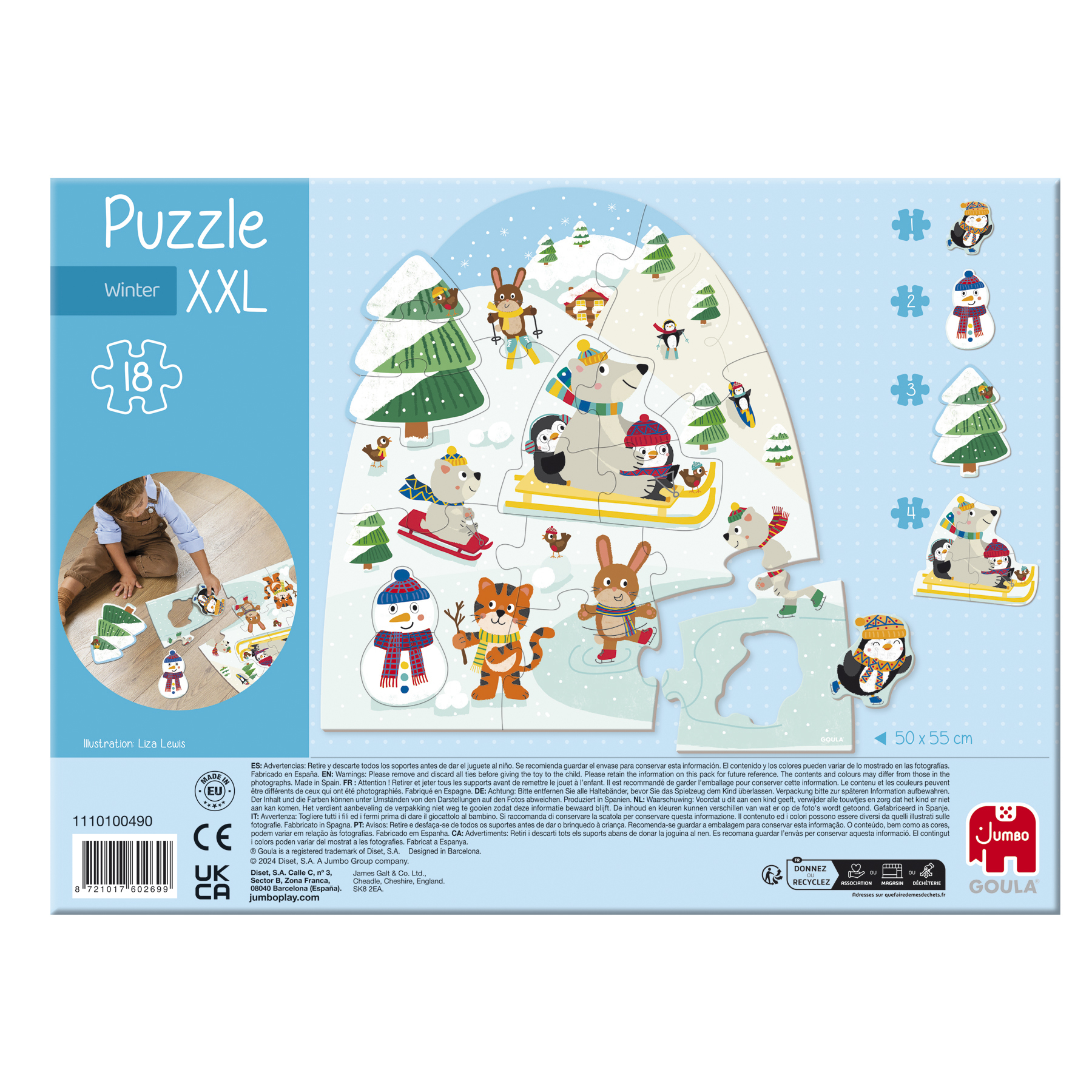 Puzzelbox met winters tafereel. Dieren in de sneeuw, sneeuwman en bomen. Een persoon werkt eraan.