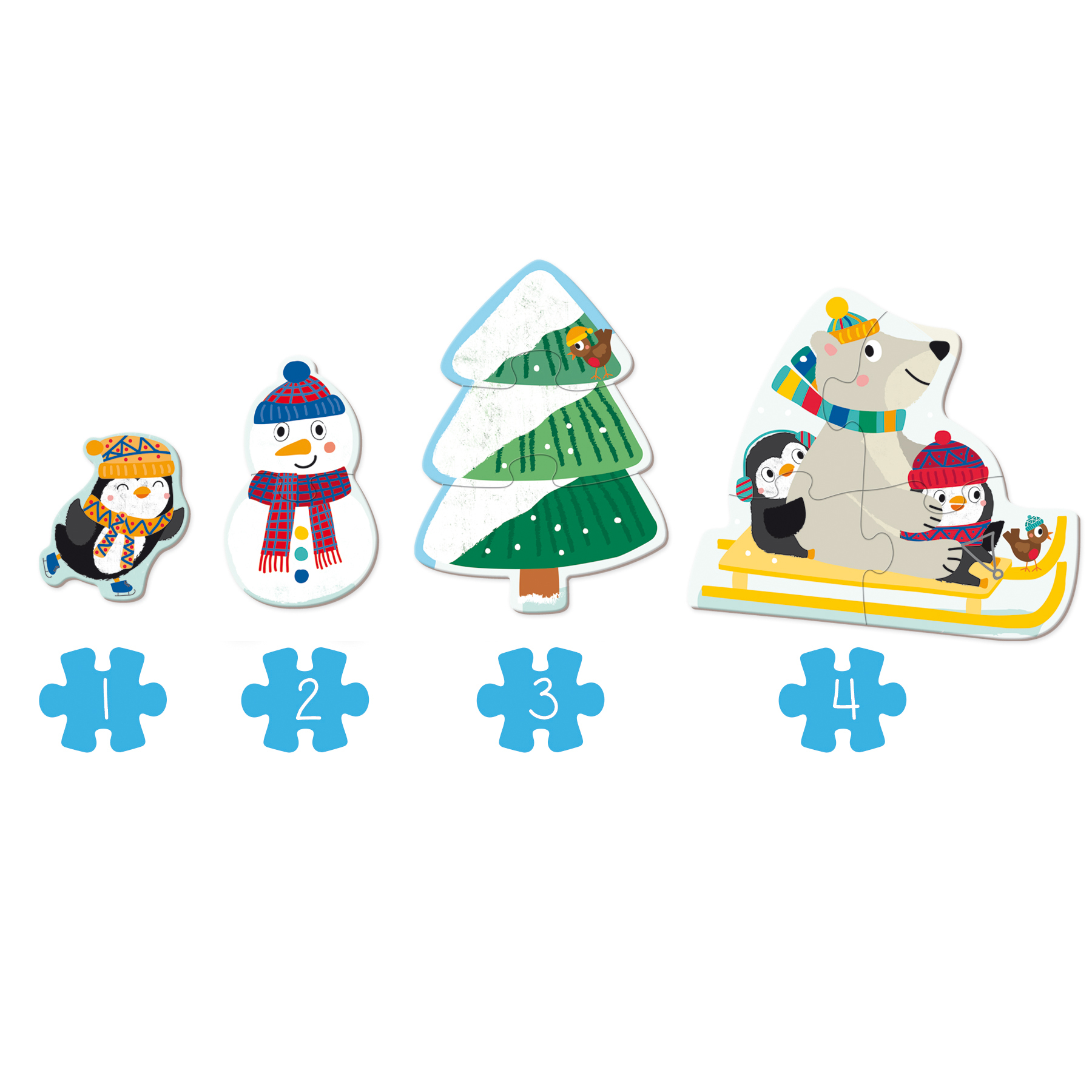 Verschillende puzzelstukjes met winterthema. Een sneeuwman, pinguïns en een kerstboom zijn te zien op een witte achtergrond.