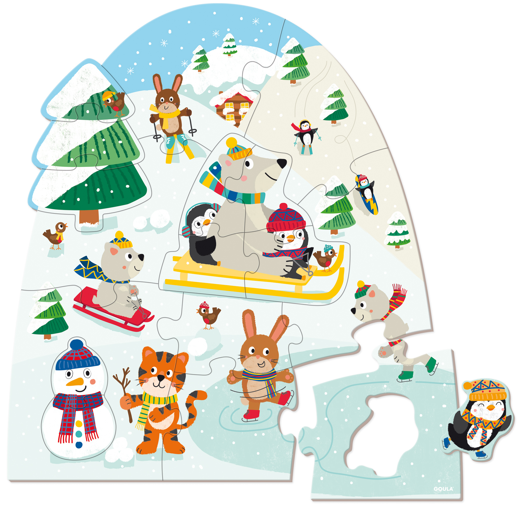 Een winterpuzzel. De stukken zijn gerangschikt. Dieren staan op de puzzel, in een winterse setting.