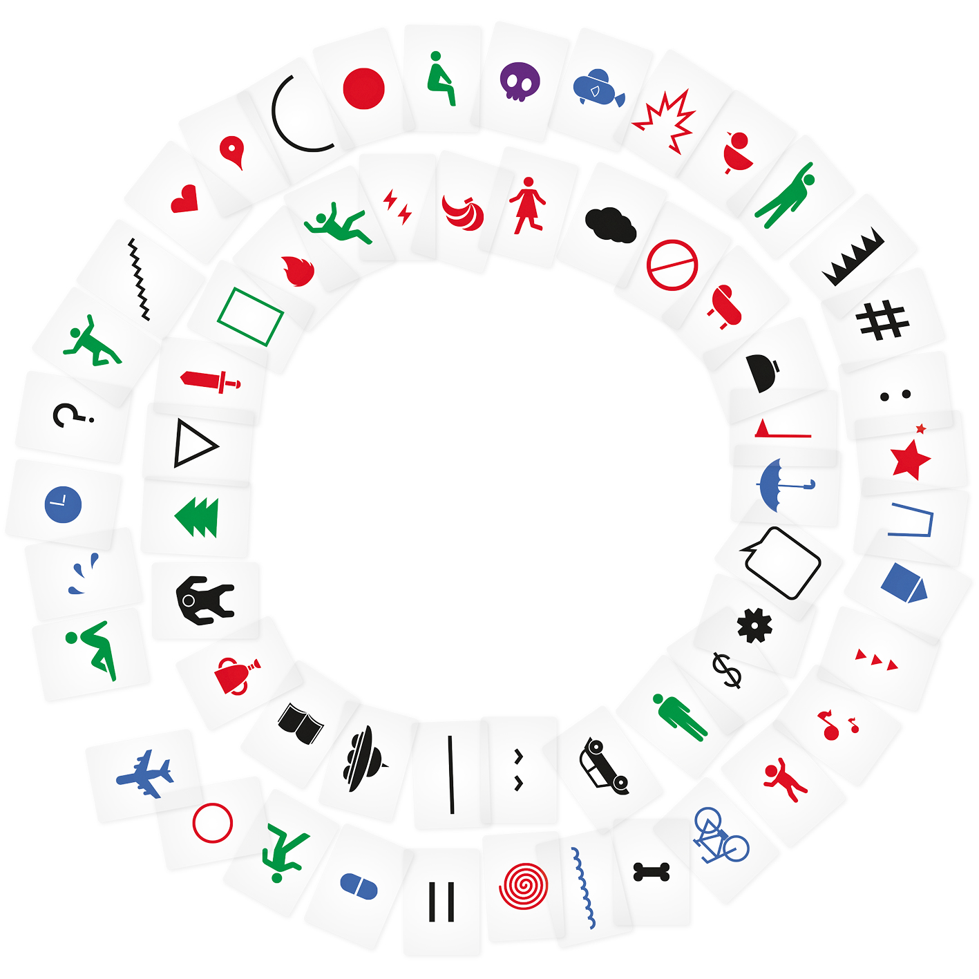 Karten in einem Kreis angeordnet. Verschiedene einfache Symbole auf den Karten. Rote, grüne und blaue Farbe verwendet.