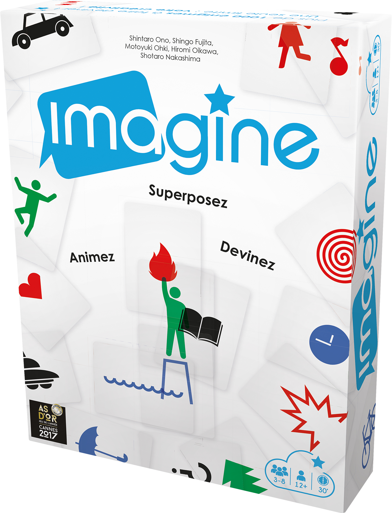 Eine bunte Schachtel des Spiels Imagine mit verschiedenen Illustrationen und weißem Hintergrund.