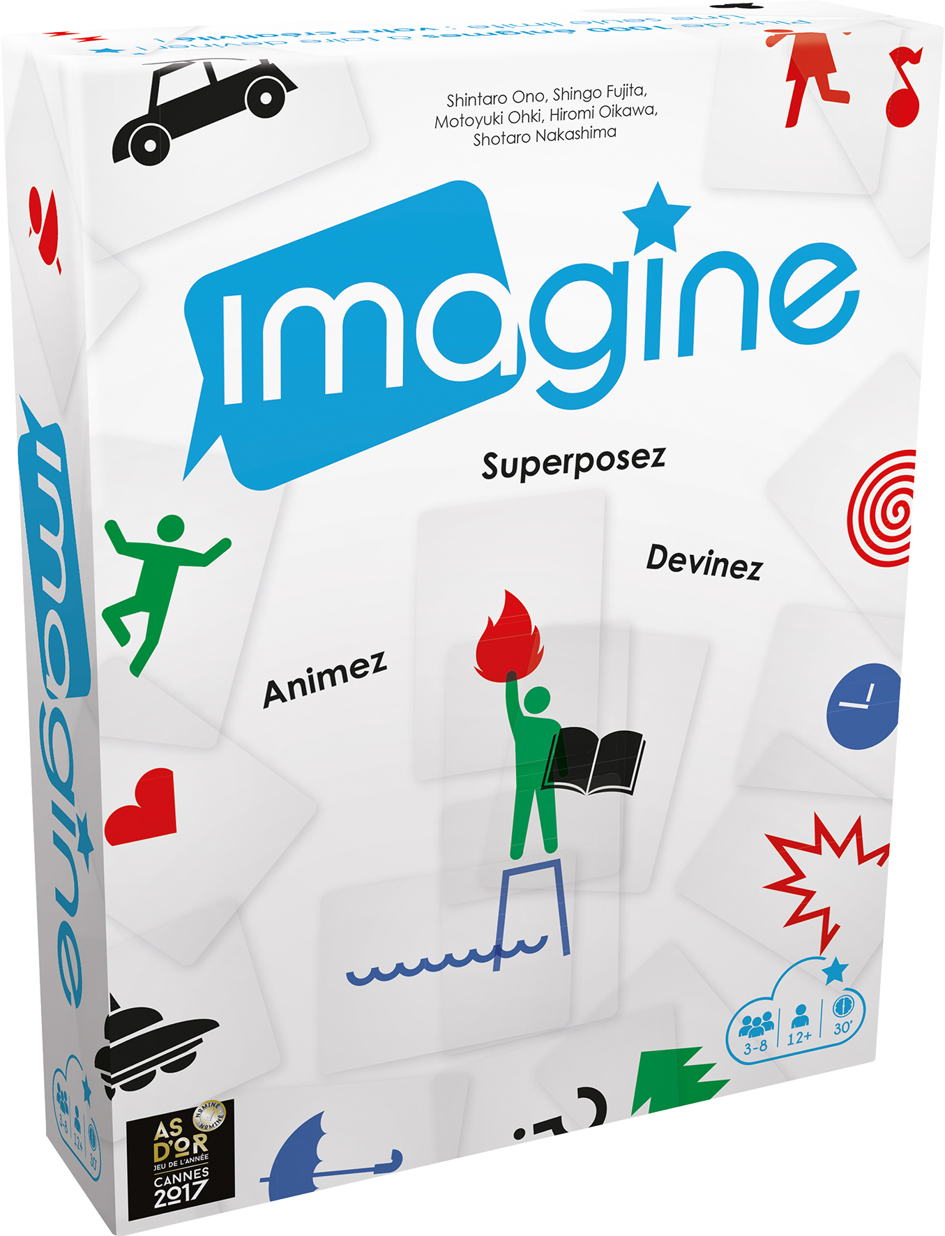 Eine Spielbox mit dem Wort "Imagine" darauf. Verschiedene Symbole umgeben das Wort.