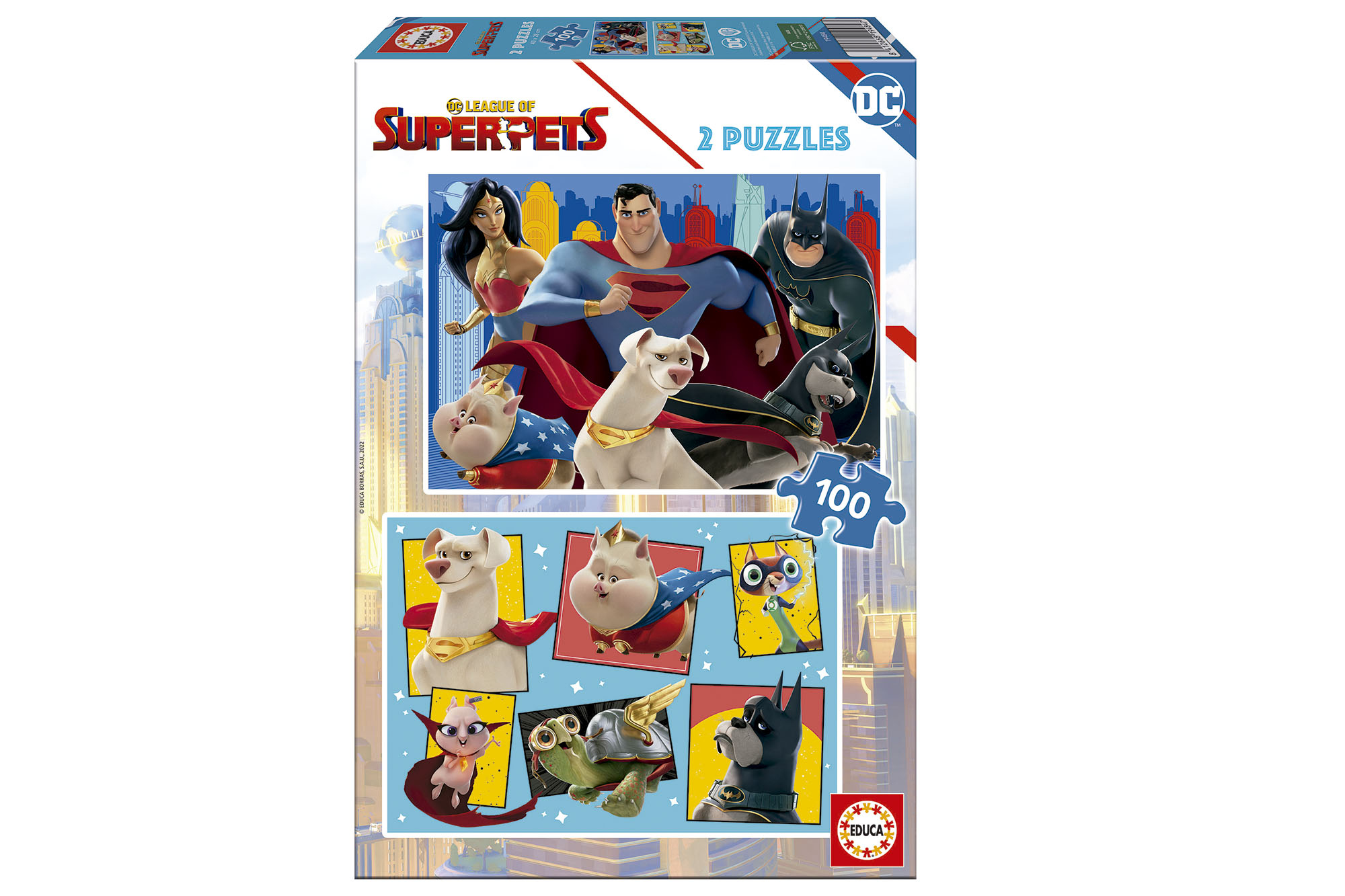 Una scatola per puzzle con DC Super Pets. La scatola mostra Superman, Batman e altri super animali domestici.