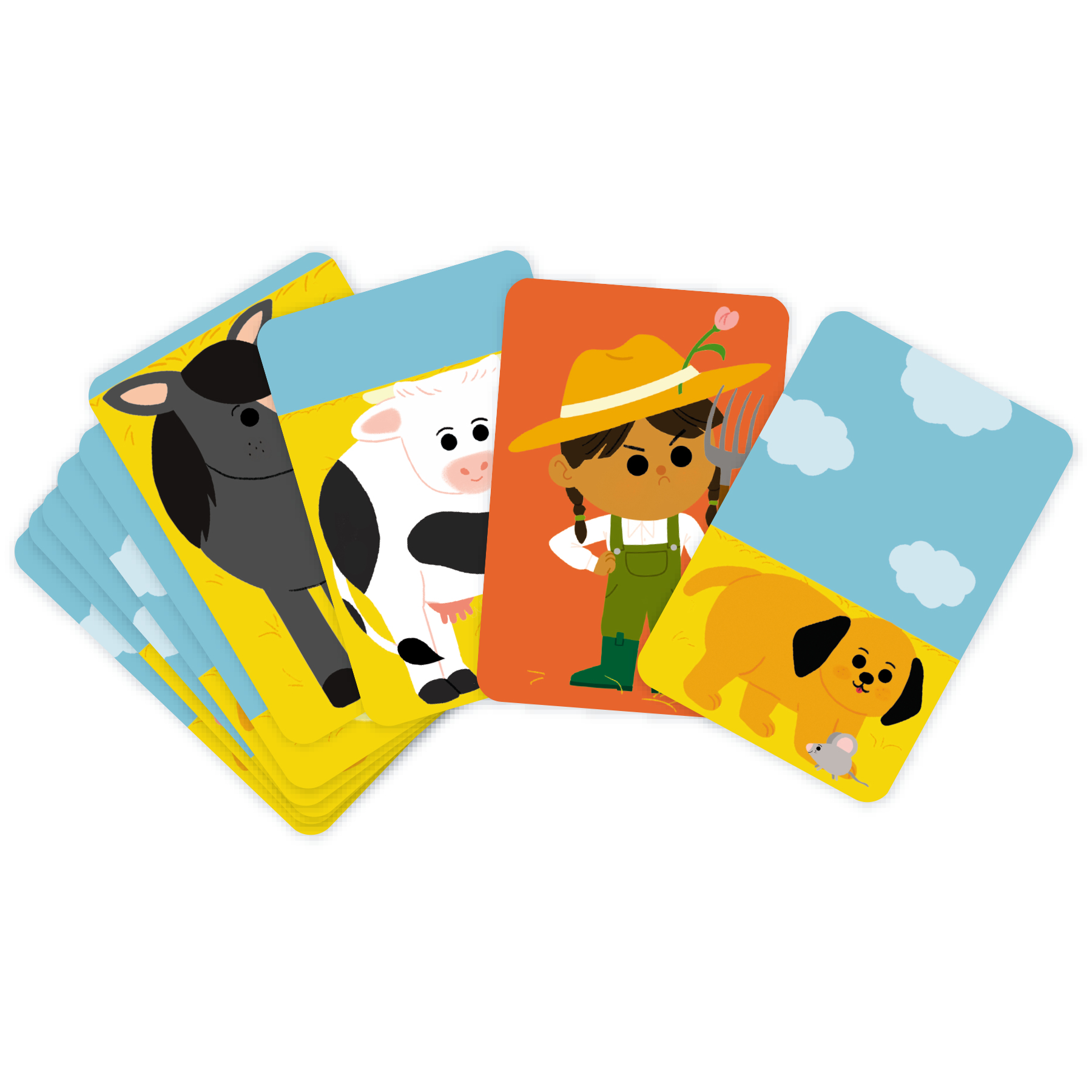 Karty do gry dla dzieci z kreskówkowymi wizerunkami zwierząt i rolnika z psem.