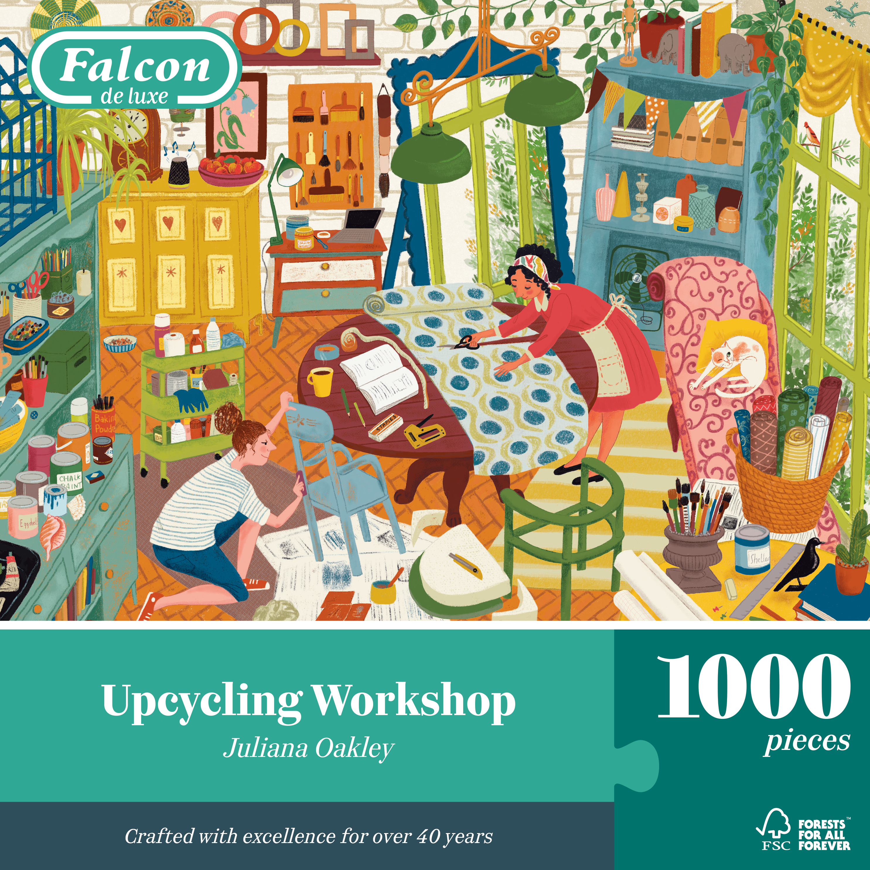 Caja de rompecabezas con una colorida ilustración de un taller de reciclaje.