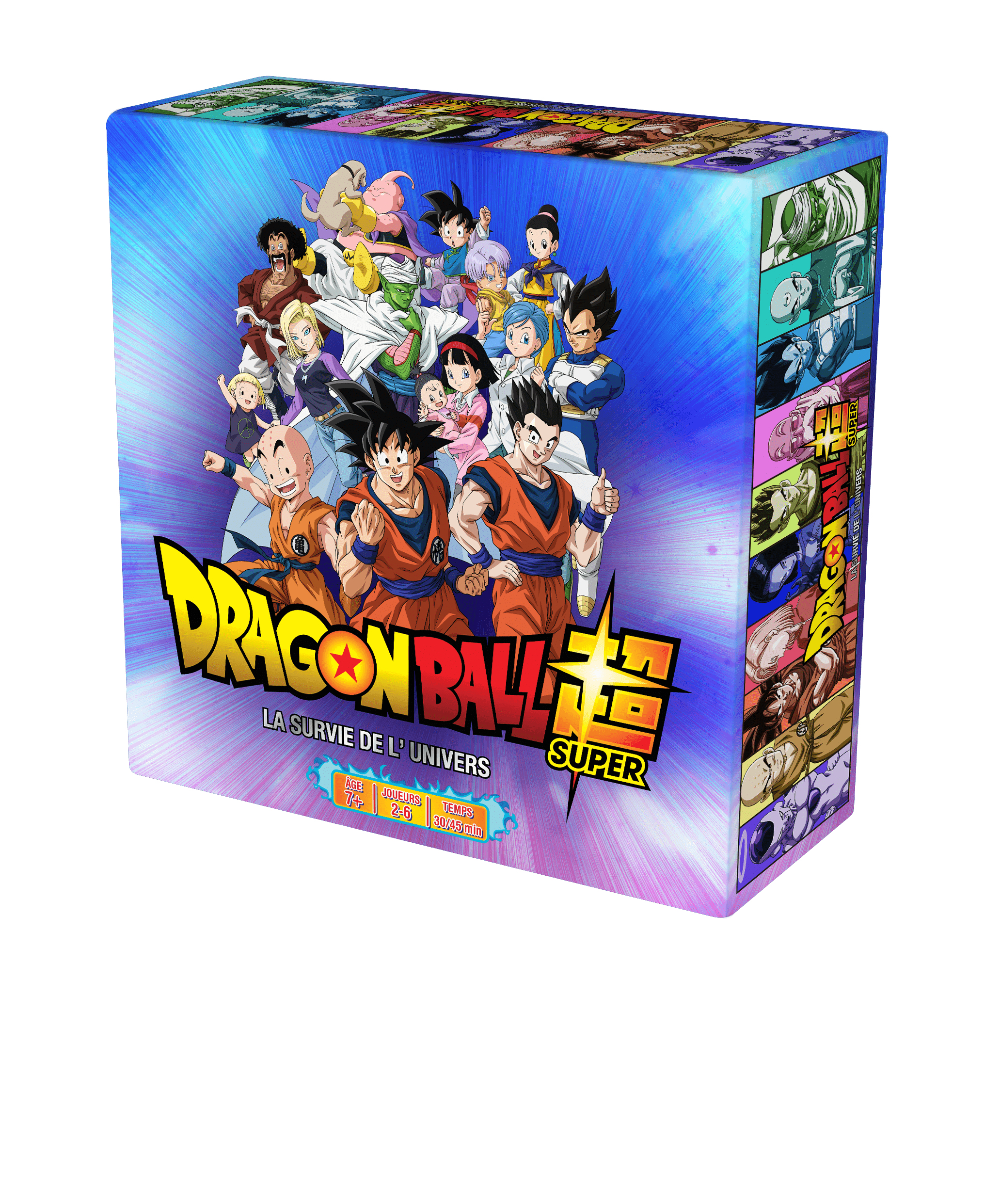 Een Dragon Ball Super bordspeldoos met verschillende personages uit de anime-serie.