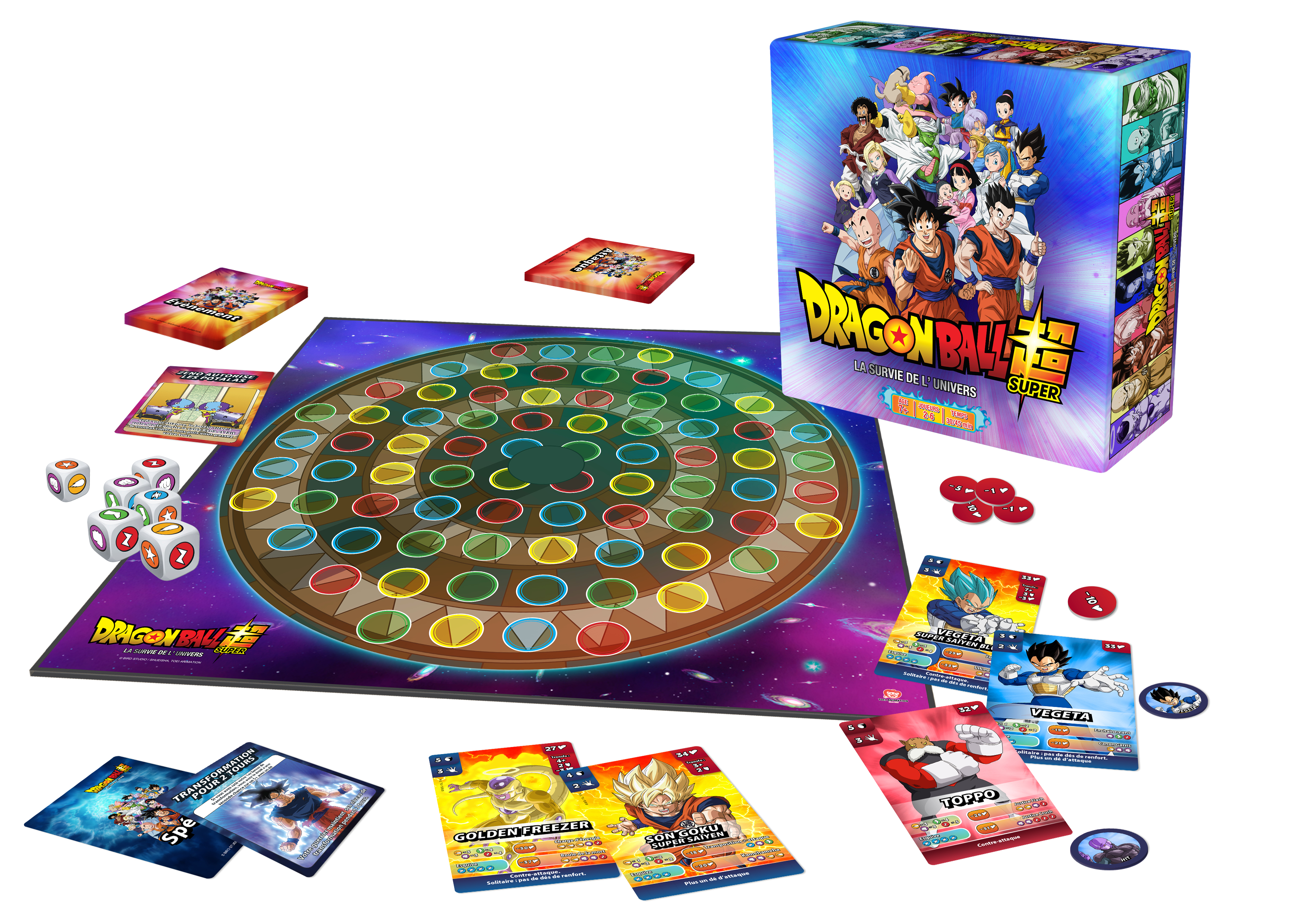 Dragon Ball Super bordspel met diverse speelkaarten, een spelbord, dobbelstenen en pionnen.