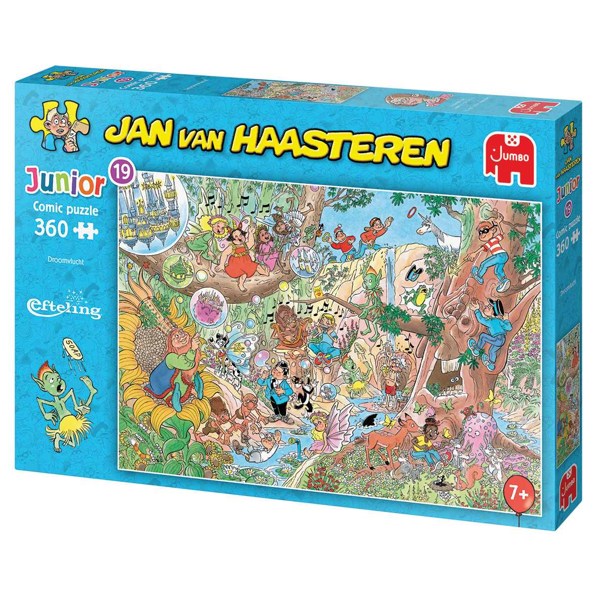 Een puzzeldoos met een striptekening van een bosscène met tal van stripfiguren en activiteiten.