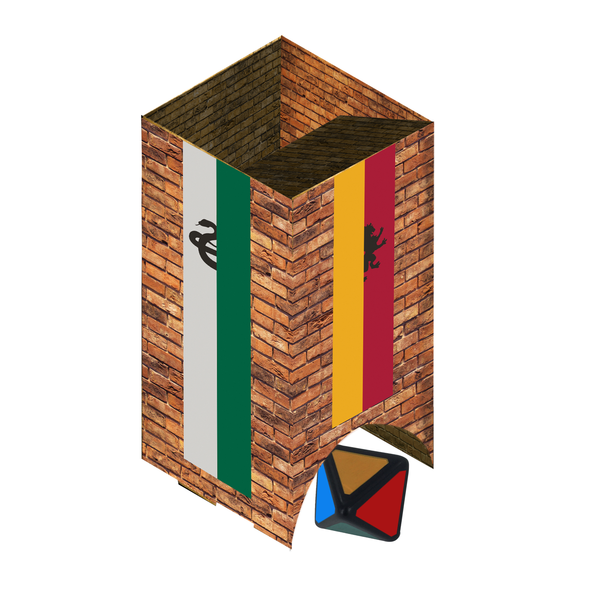 Een bakstenen doos met vlaggen van verschillende kleuren aan de binnenkant en een kleurrijke kubus aan de basis.