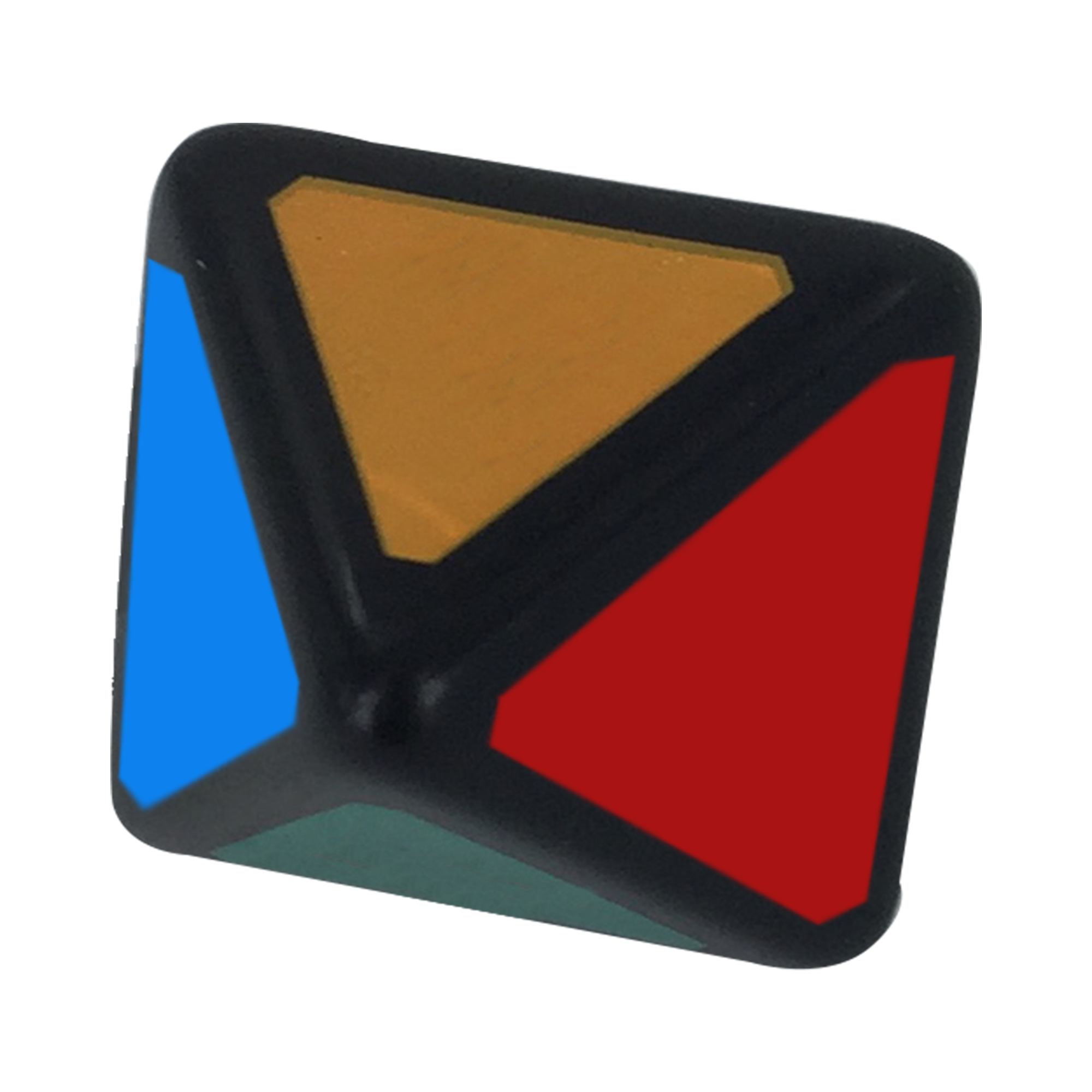 Een veelkleurig, kubusvormig object met zwarte randen en gekleurde vlakken.