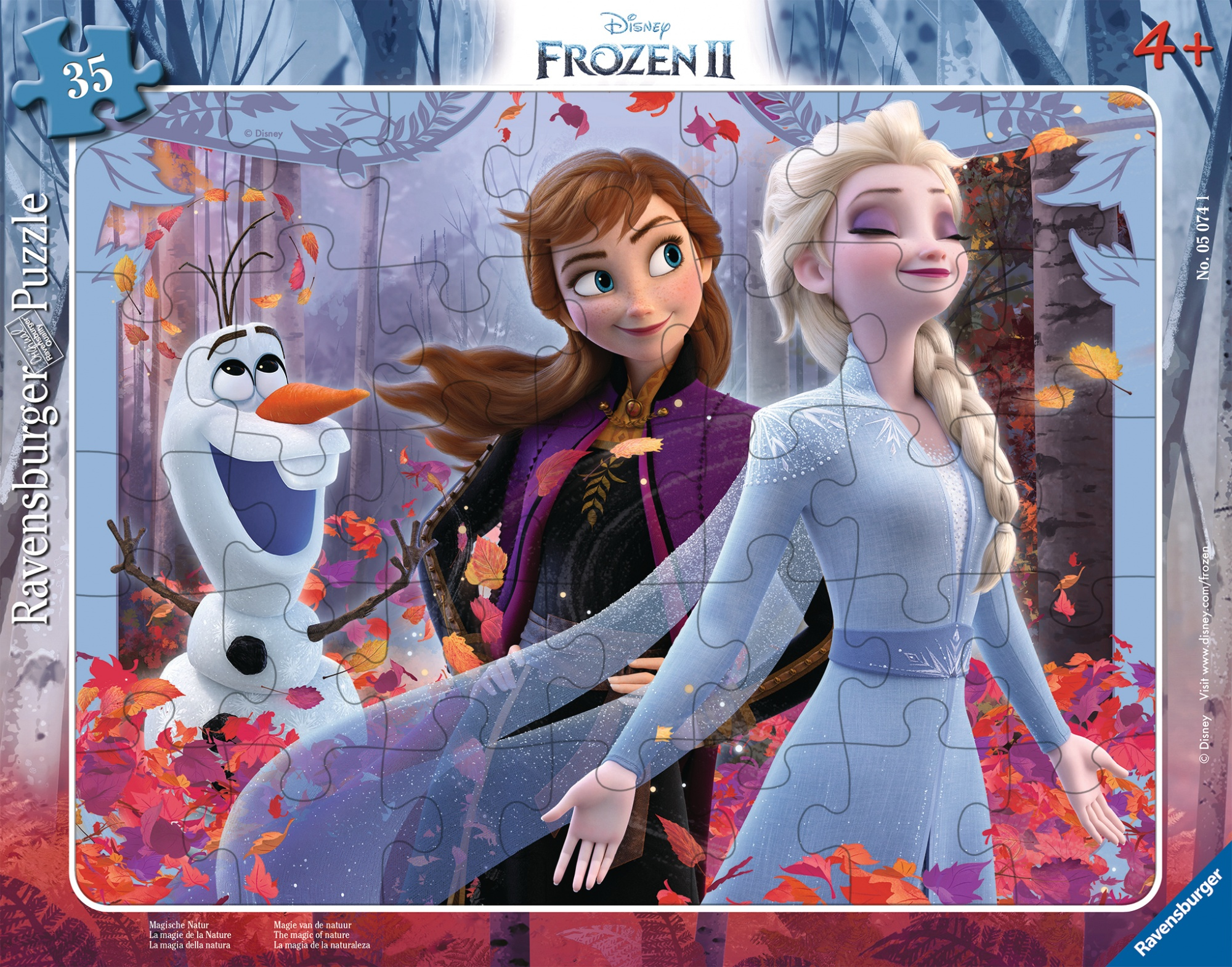 Puzzle Frozen II con Anna, Elsa e Olaf in un bosco con foglie autunnali.
