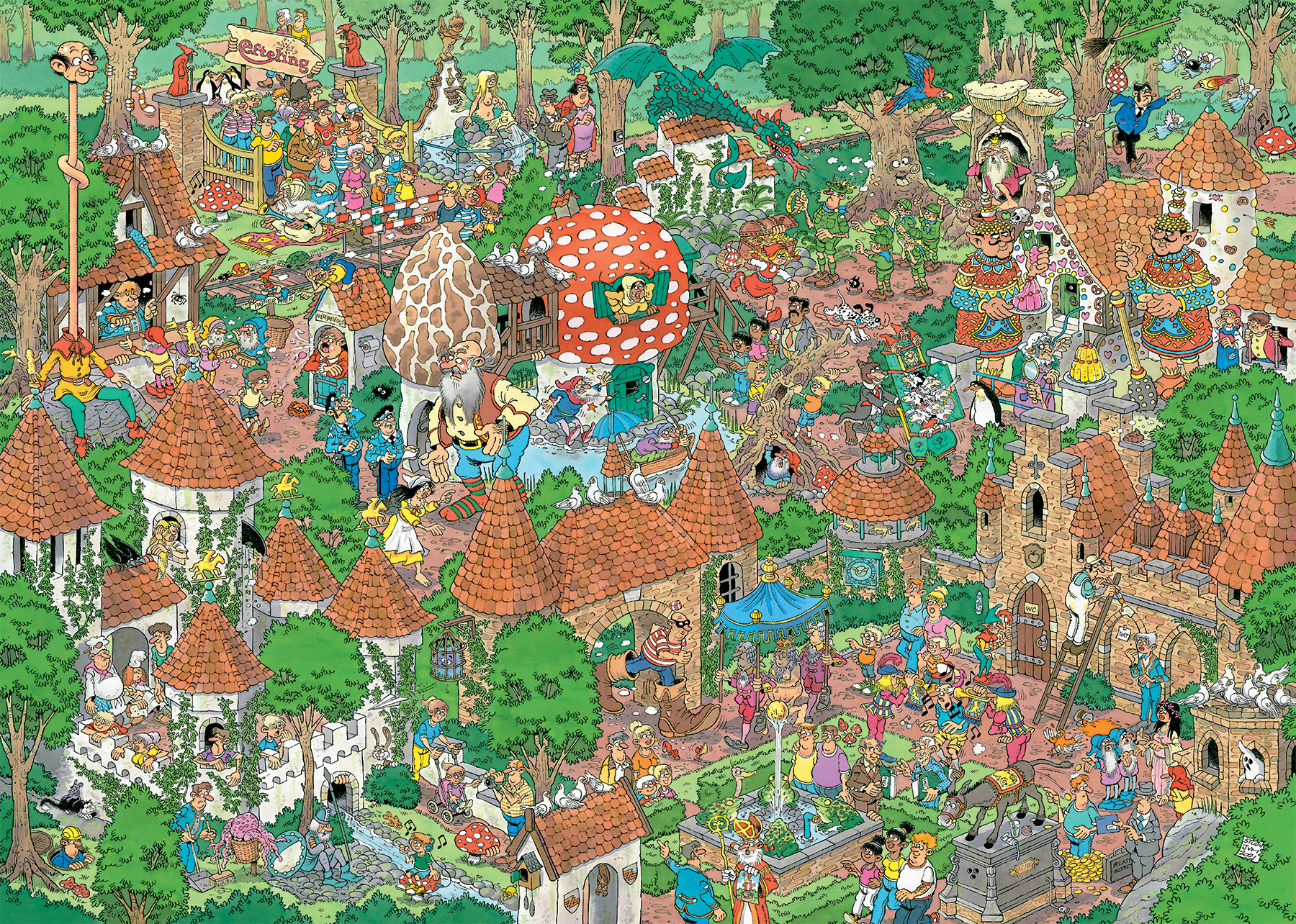 Een cartoonillustratie van een dorp met talrijke huizen, personages en activiteiten. De scène is levendig en kleurrijk.