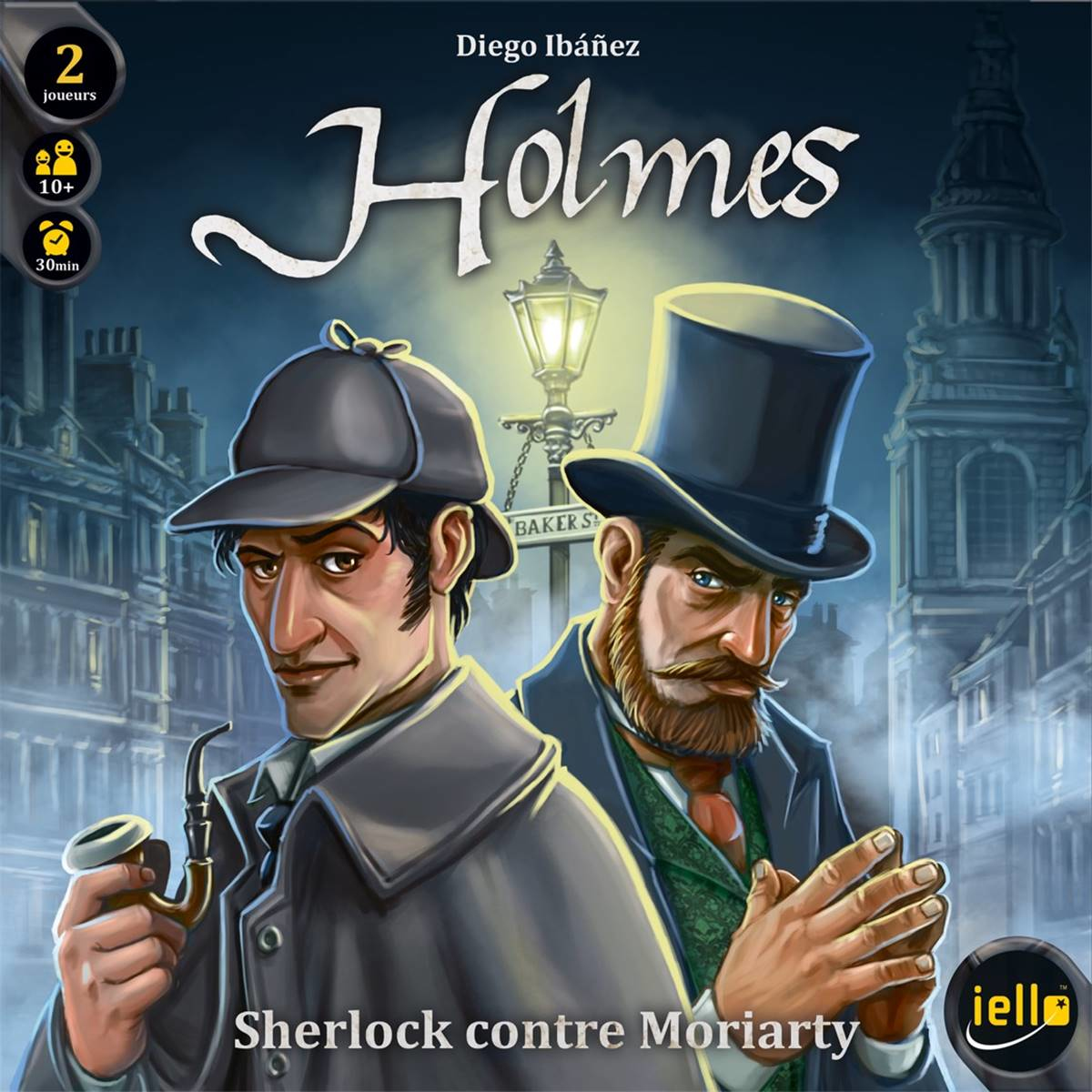Das Box-Art für ein Brettspiel namens Holmes. Zeigt Sherlock Holmes und Moriarty.