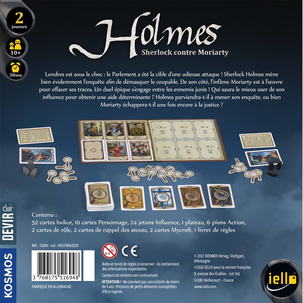 Die Rückseite einer Holmes-Brettspielbox. Enthält Text, Spielkomponenten und ein Logo.