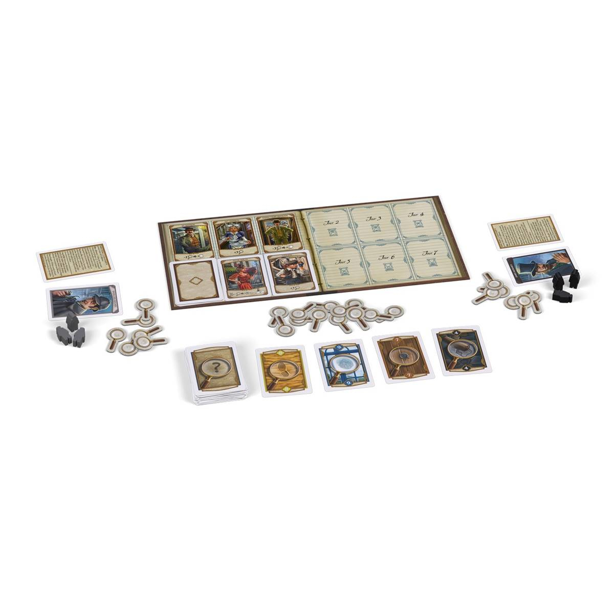 Spielkomponenten des Holmes-Brettspiels werden auf einer weißen Oberfläche mit Karten und Token angezeigt.