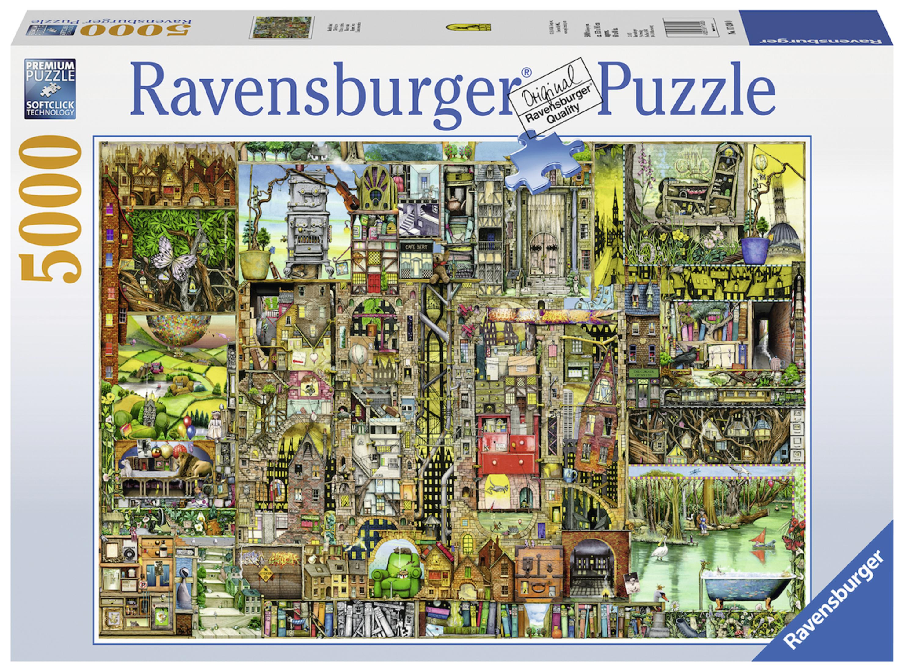 Una scatola di puzzle Ravensburger. Presenta una scena dettagliata di una città fantasy con molti edifici.