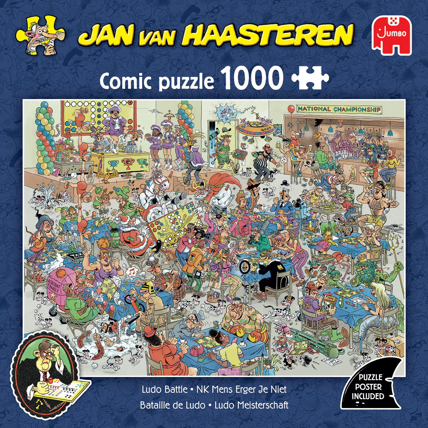 Pudełko z puzzlami Jan van Haasteren. Zawiera kreskówkową scenę zatłoczonego, ruchliwego pokoju.