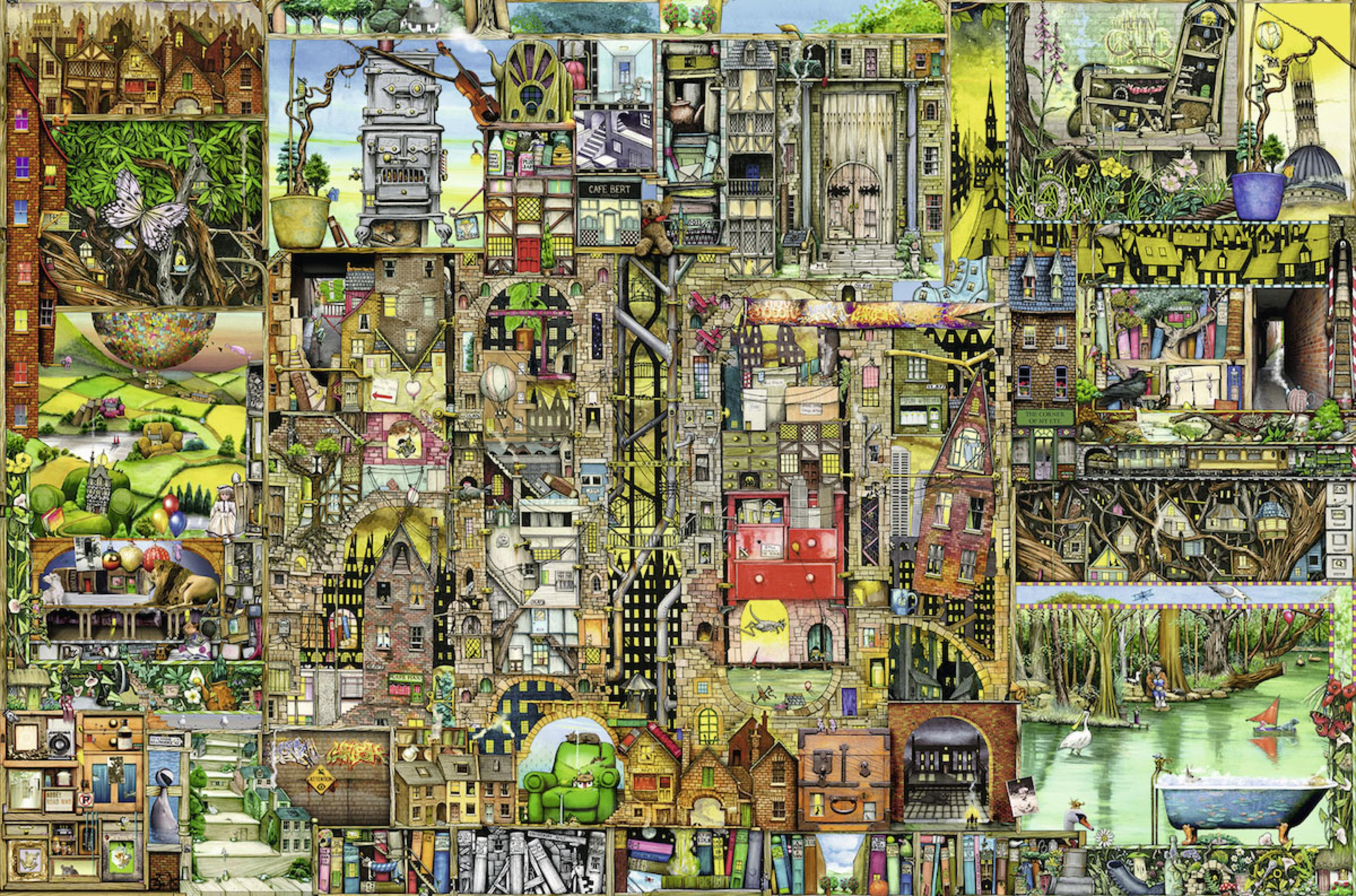 Un grande puzzle con una scena dettagliata e complessa di una città fantasy con molti edifici e personaggi.