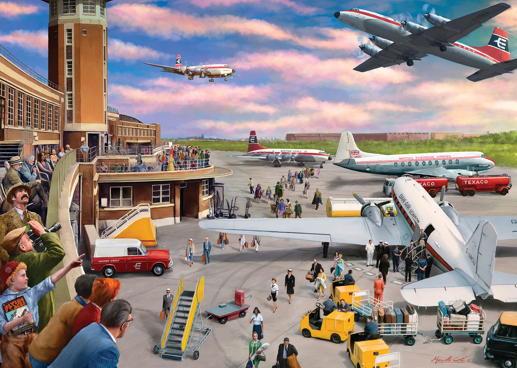 Scena z puzzli przedstawiająca lotnisko z samolotami i ludźmi. W scenie obecnych jest wiele osób.
