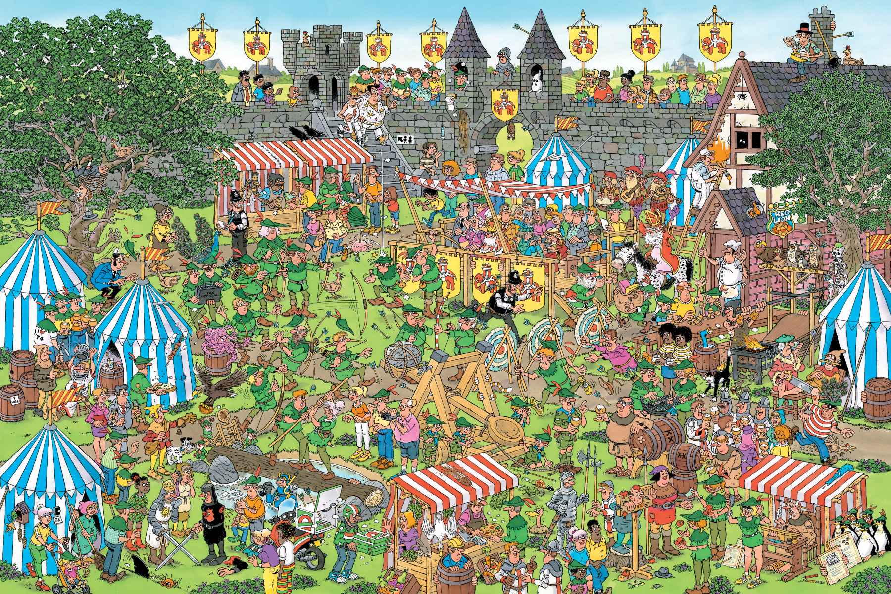 Een cartoon toont een middeleeuwse kermis met veel mensen, tenten en een kasteel.
