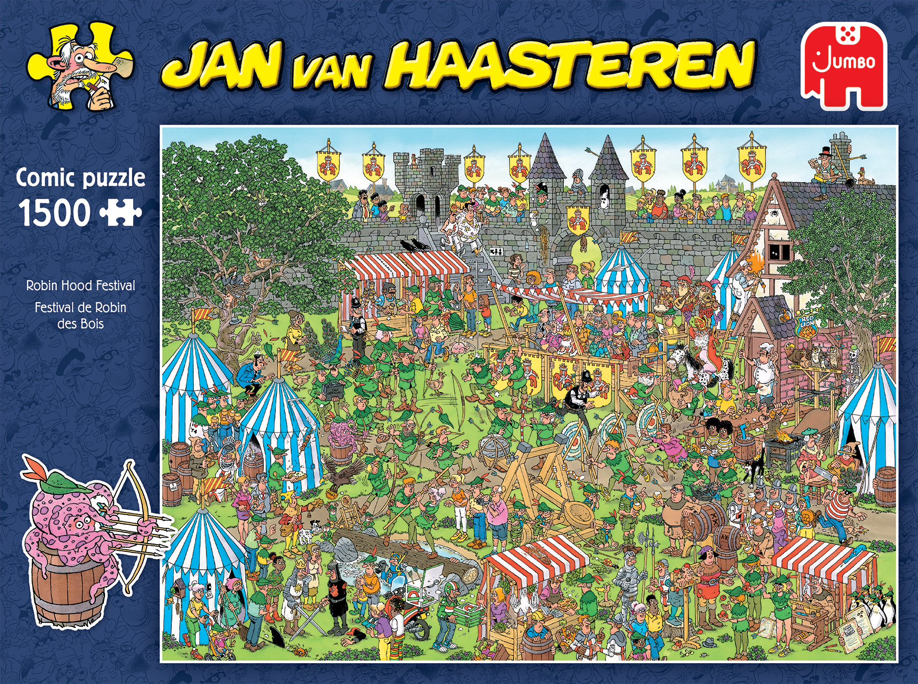 Puzzeldoos met een gedetailleerde striptekening van een Robin Hood-festival met veel personages.