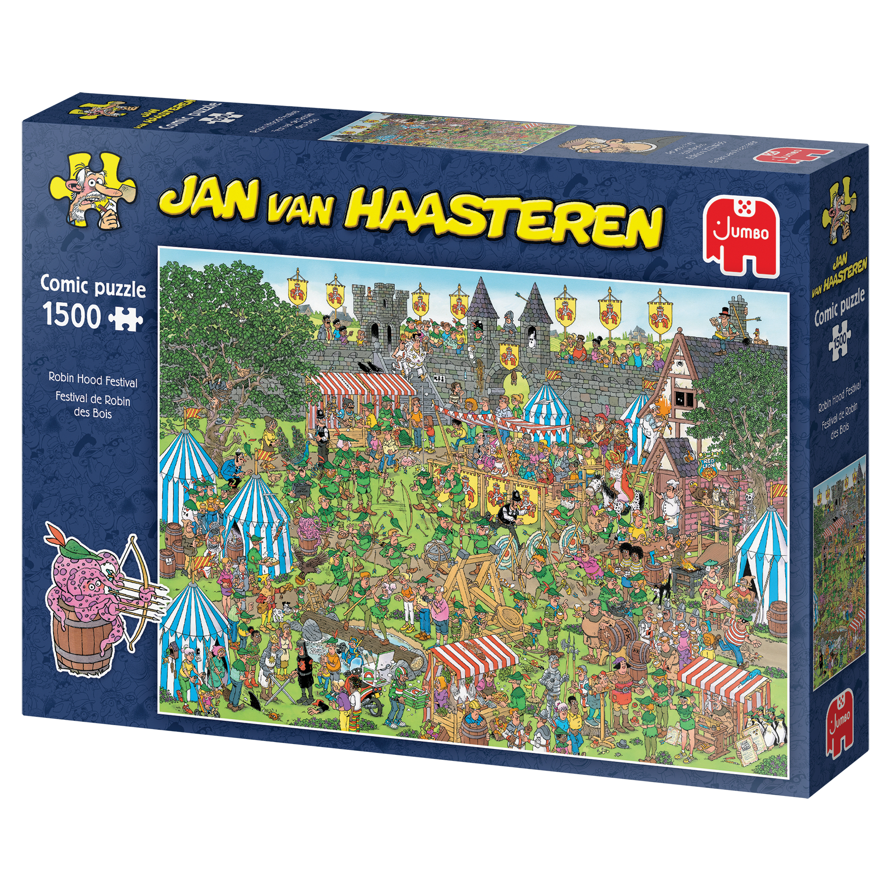Puzzeldoos met een striptekening van een Robin Hood-festival met veel personages.