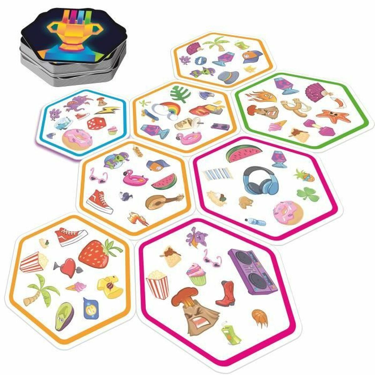 Componenti di gioco esagonali con varie icone. Le icone includono cibo, un arcobaleno e un boombox.