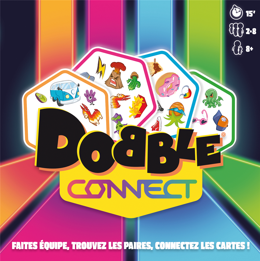 Una scatola di gioco da tavolo con le parole "Dooble Connect". Mostra varie immagini su carte esagonali.
