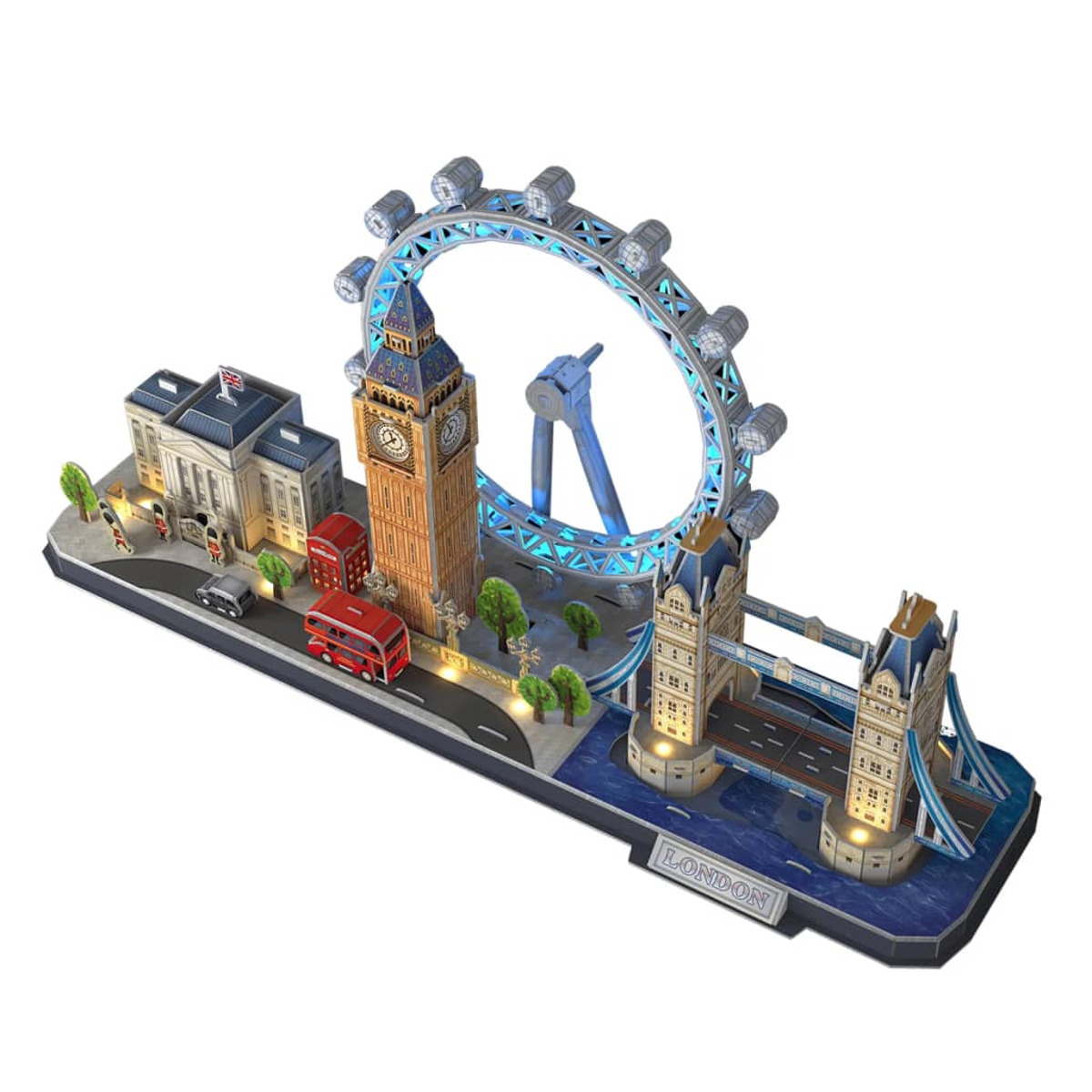 Puzzle 3D z londyńskimi zabytkami, w tym Big Benem, London Eye i Tower Bridge.