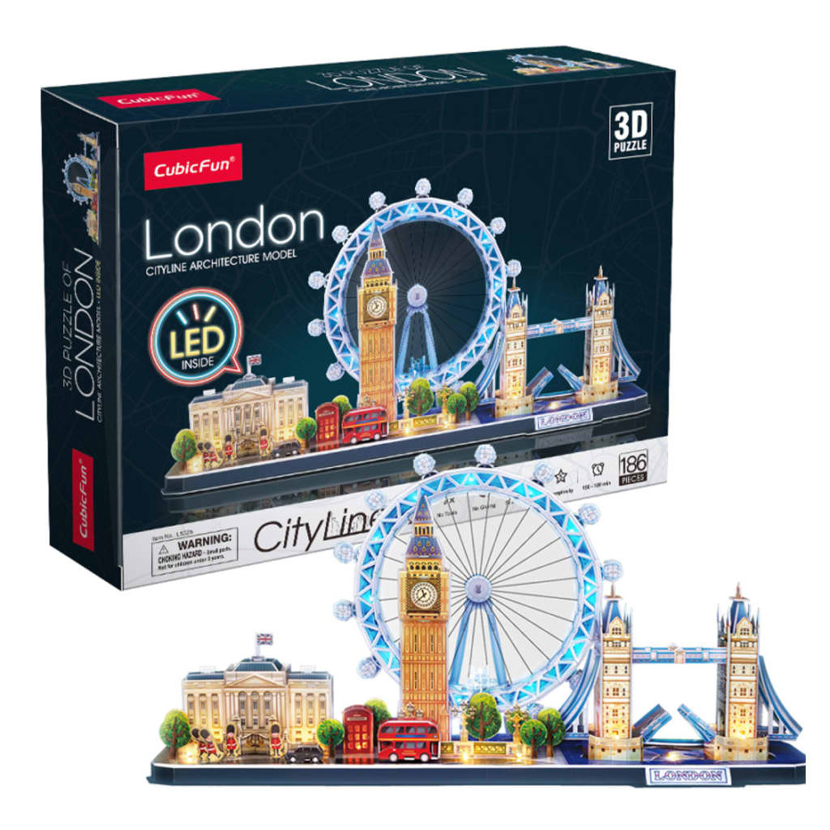 Puzzle 3D z londyńskimi zabytkami: Big Ben, London Eye i Tower Bridge z pudełkiem.
