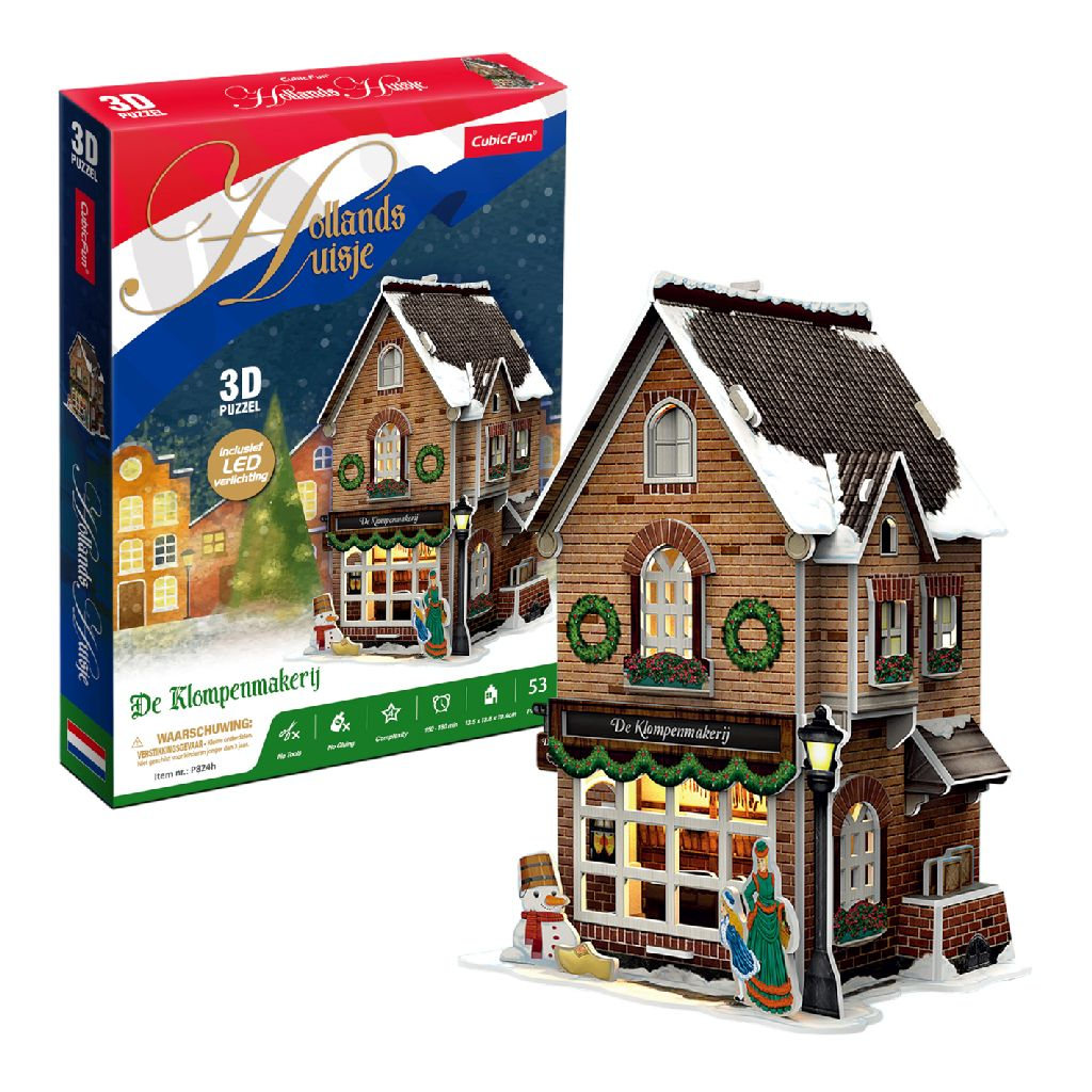 Un puzzle 3D di una casa olandese, con una scatola rossa e bianca e un modello completo.