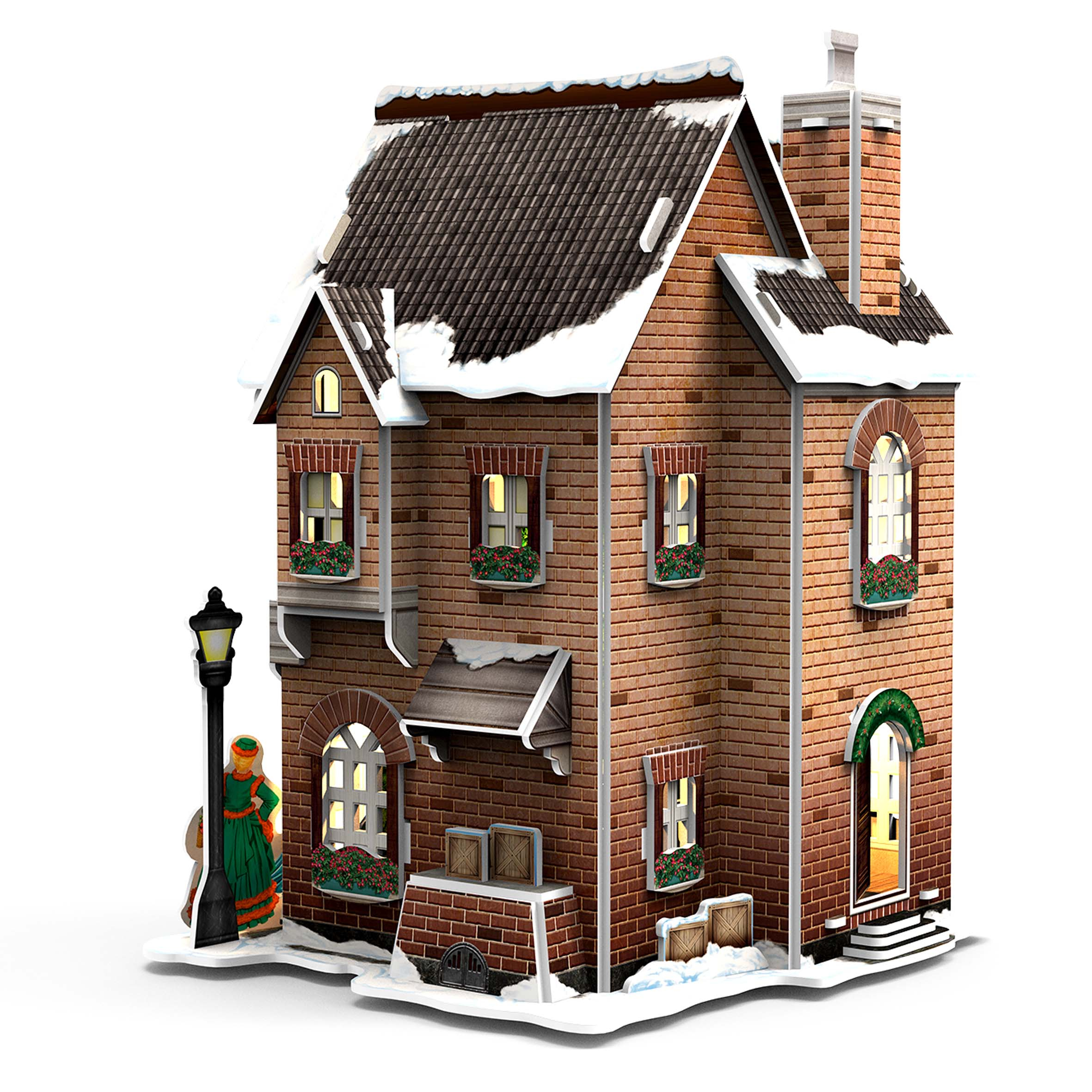 Un puzzle 3D di una casa con un lampione, una donna e decorazioni natalizie.