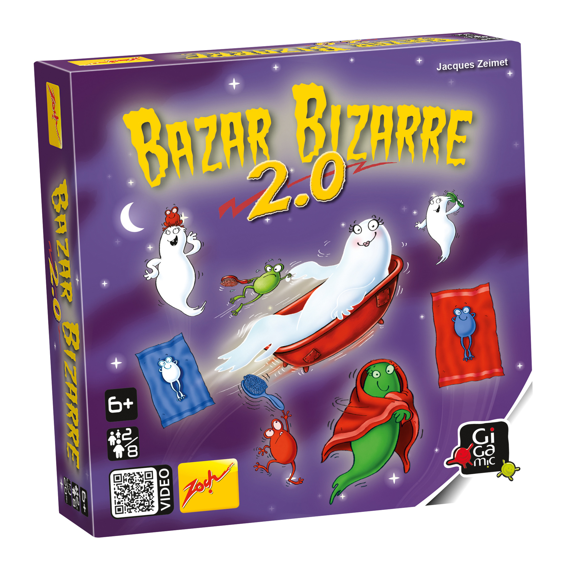 Schachtelkunst für das Brettspiel Bazar Bizarre 2.0, mit schwebenden Geistern und Spielelementen.