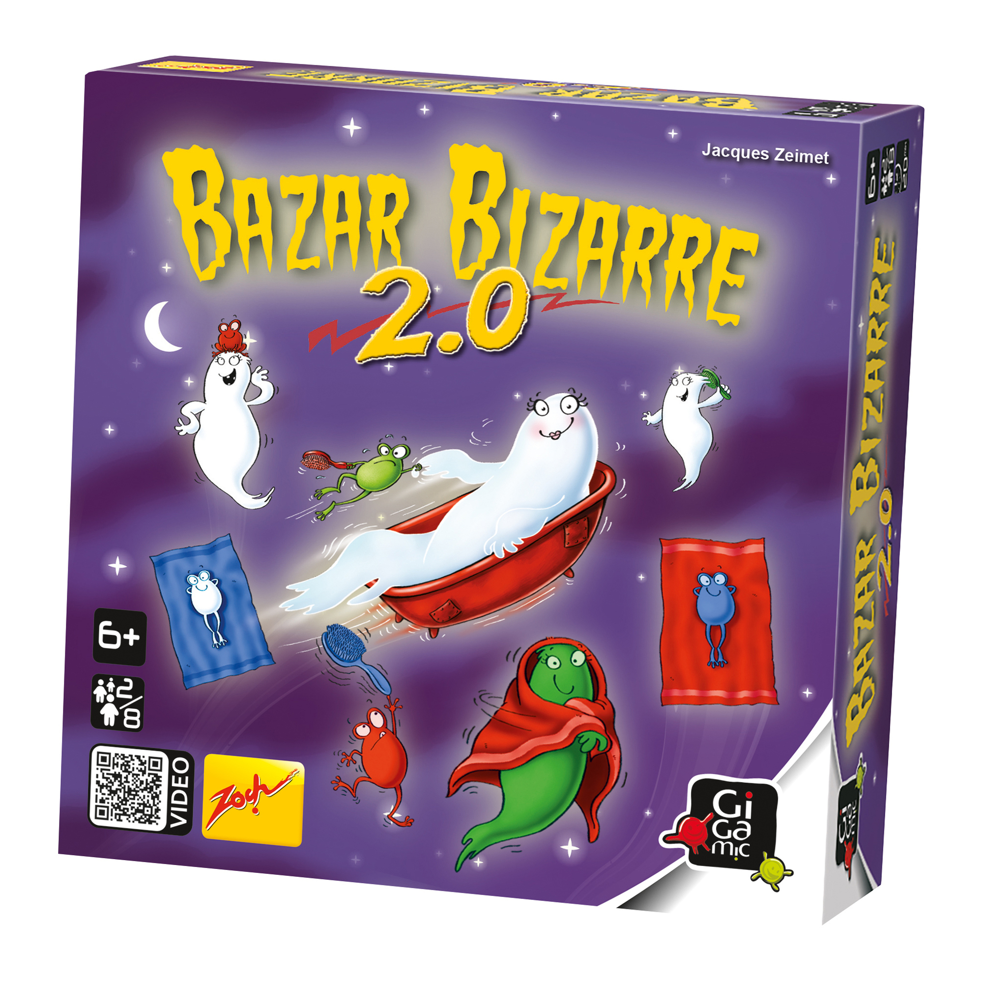 Schachtelkunst für das Brettspiel Bazar Bizarre 2.0, mit schwebenden Geistern und Spielelementen.