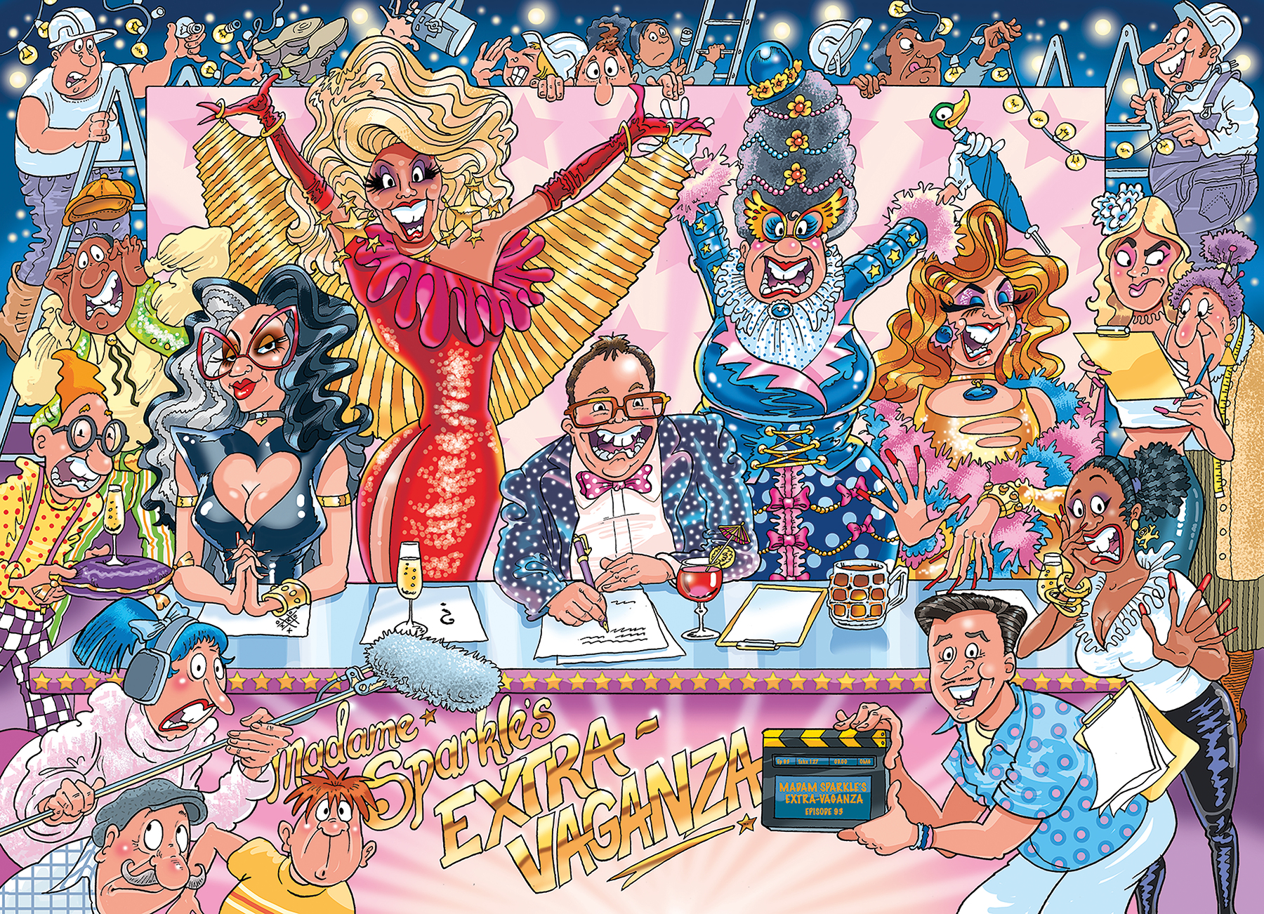 Puzzle przedstawia show drag queen z sędziami, ekipą filmową i gospodarzem. Tytuł to 'Madame Sparkles Extra Vaganza'.