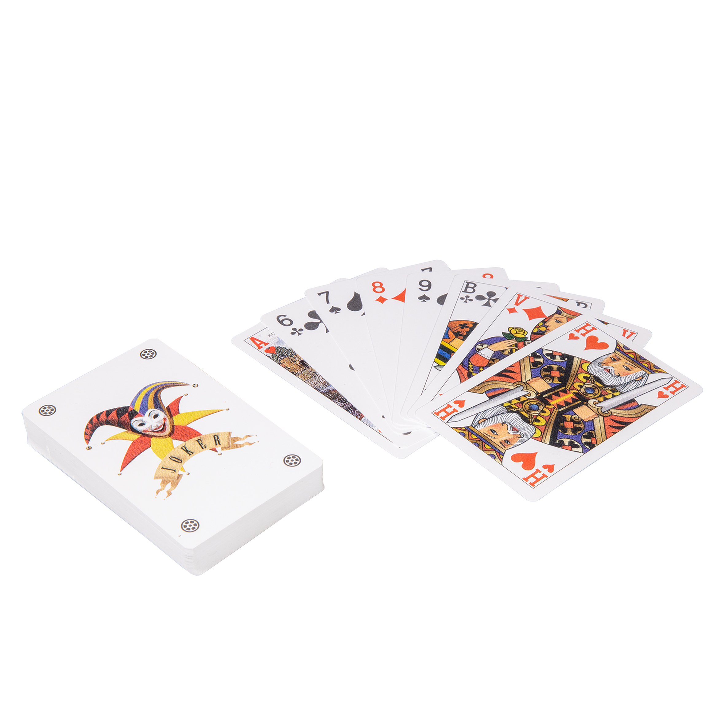 Un jeu de cartes et une carte de joker sur fond blanc. Les cartes sont en éventail.