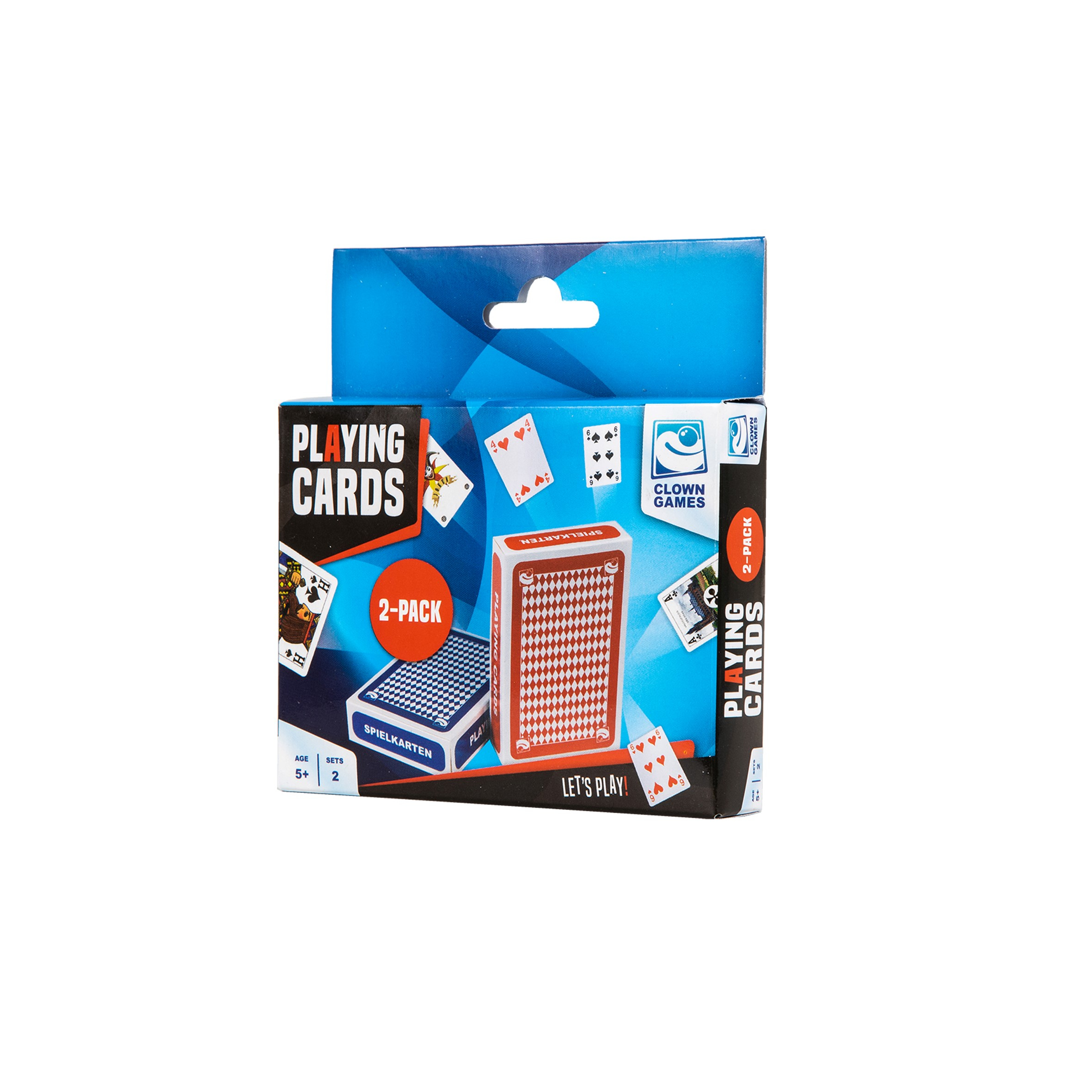 Une boîte de 2 paquets de cartes à jouer. La boîte montre un jeu de cartes, avec un logo de jeu de clown et quelques cartes.