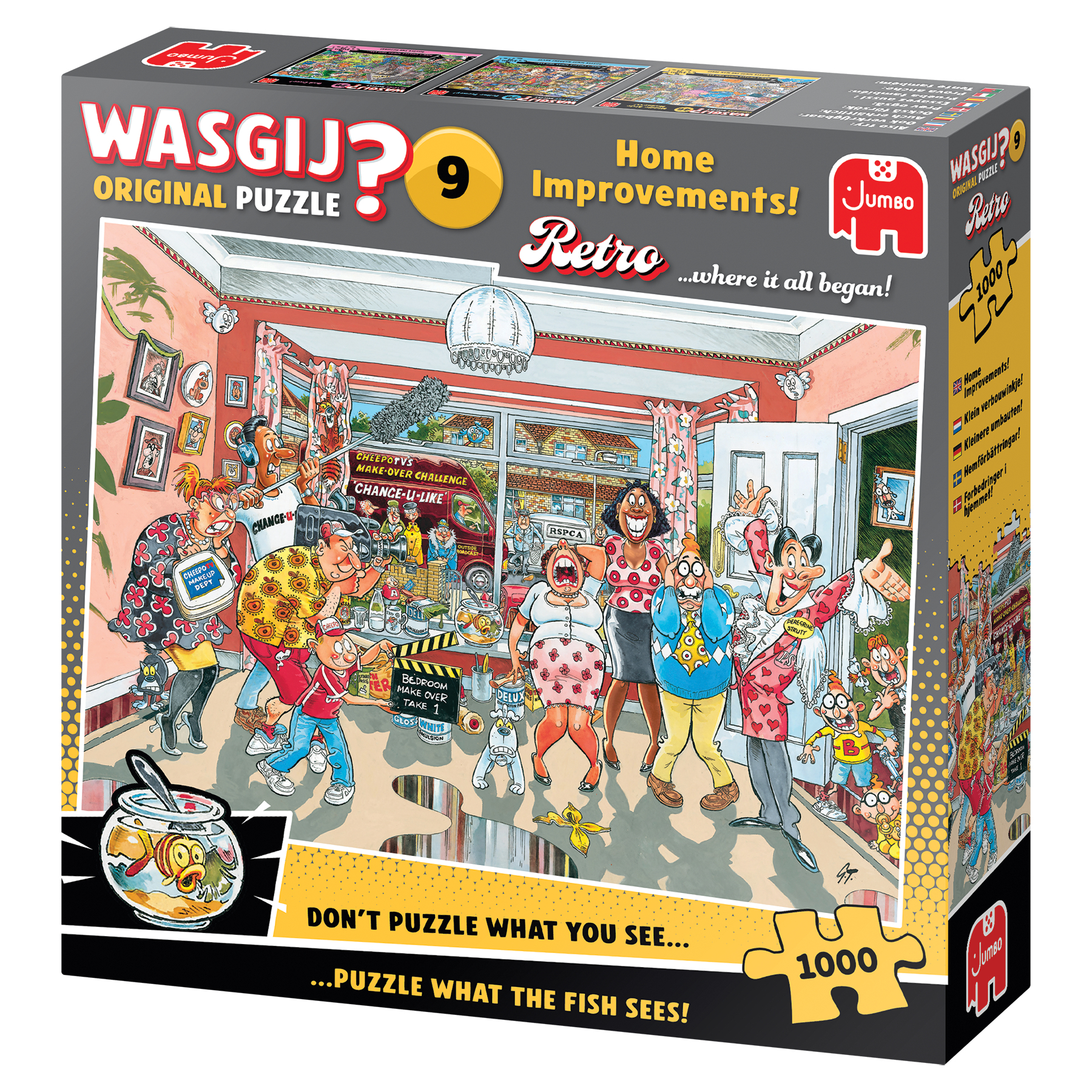 Pudełko z puzzlami przedstawia chaotyczny pokój z ludźmi, akwarium i znakiem, zapraszającym widzów do układania puzzli.