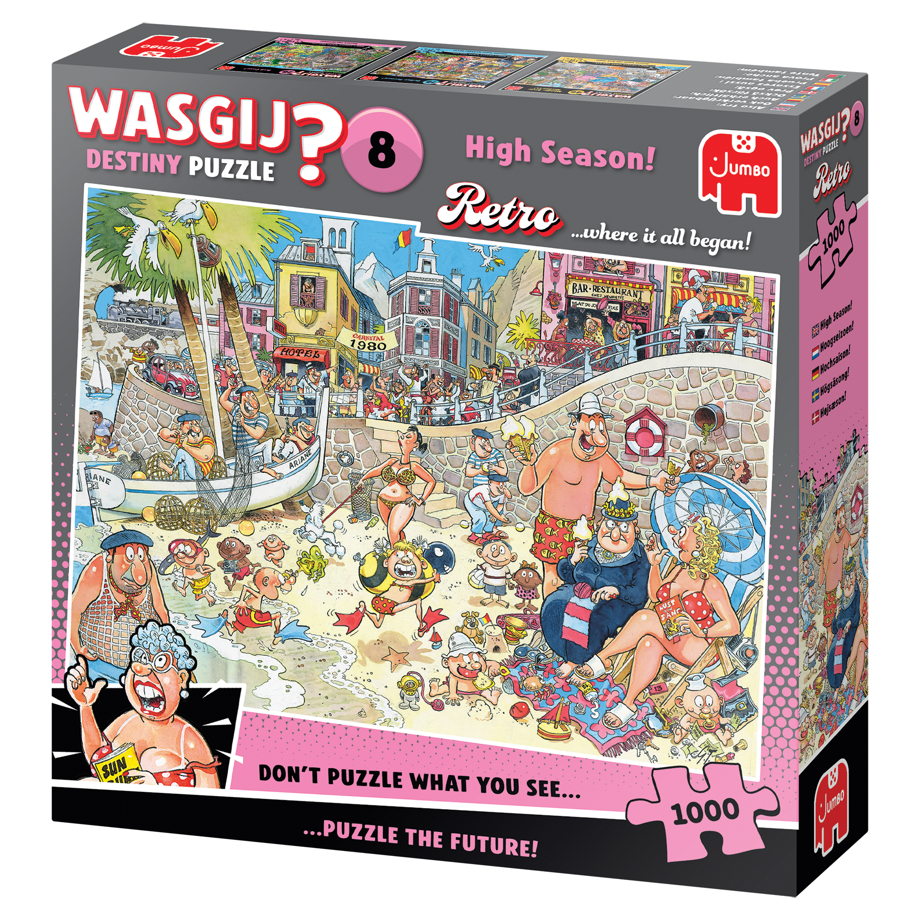 Wasgij puzzeldoos: een retro strandscène met veel mensen en gebouwen.