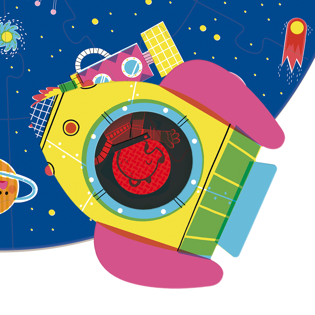 Puzzle o tematyce kosmicznej z rakietą i planetami. Żółta rakieta z różowymi płetwami i uśmiechnięta czerwona planeta.