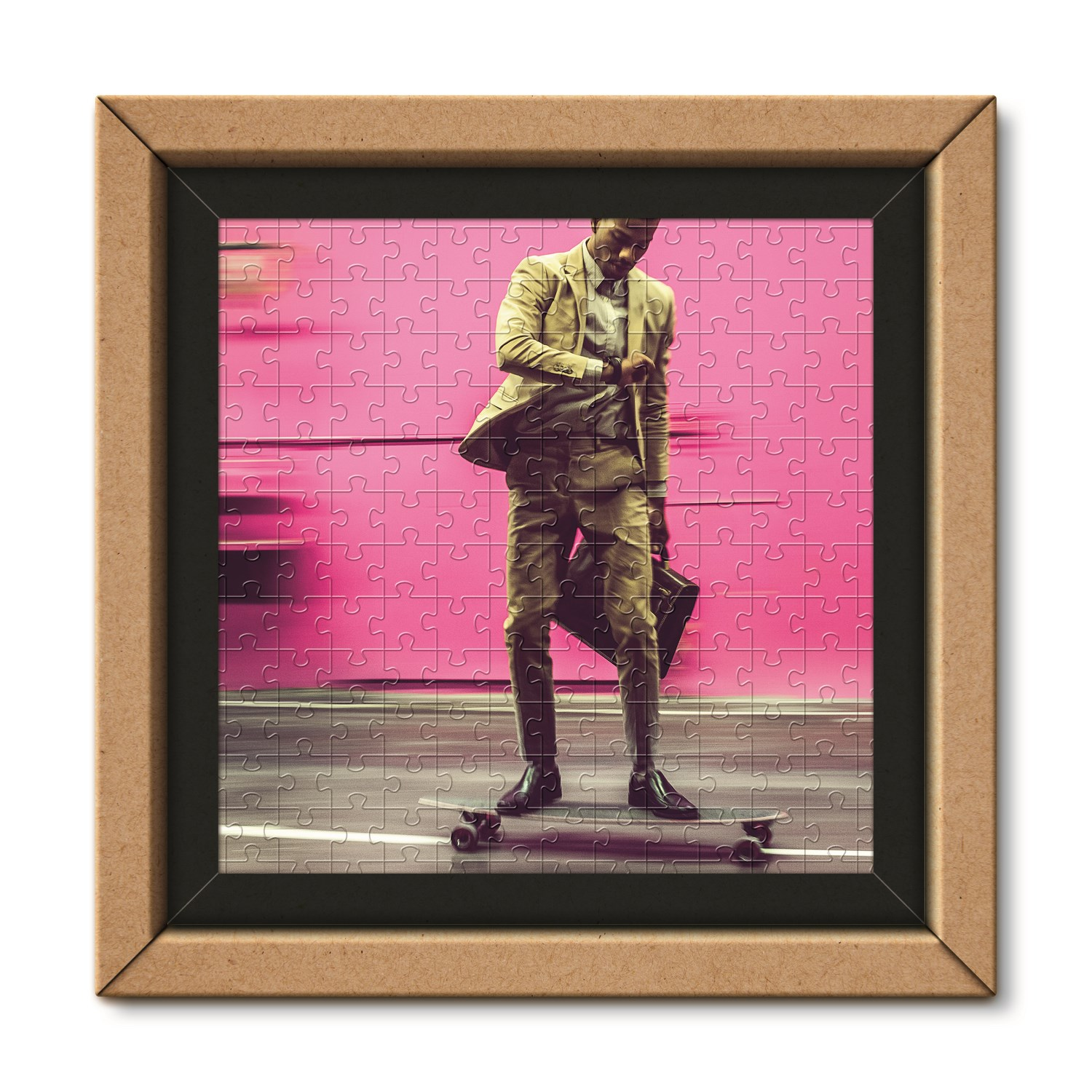 Een man in pak staat op een skateboard en kijkt op zijn horloge, voor een roze muur.