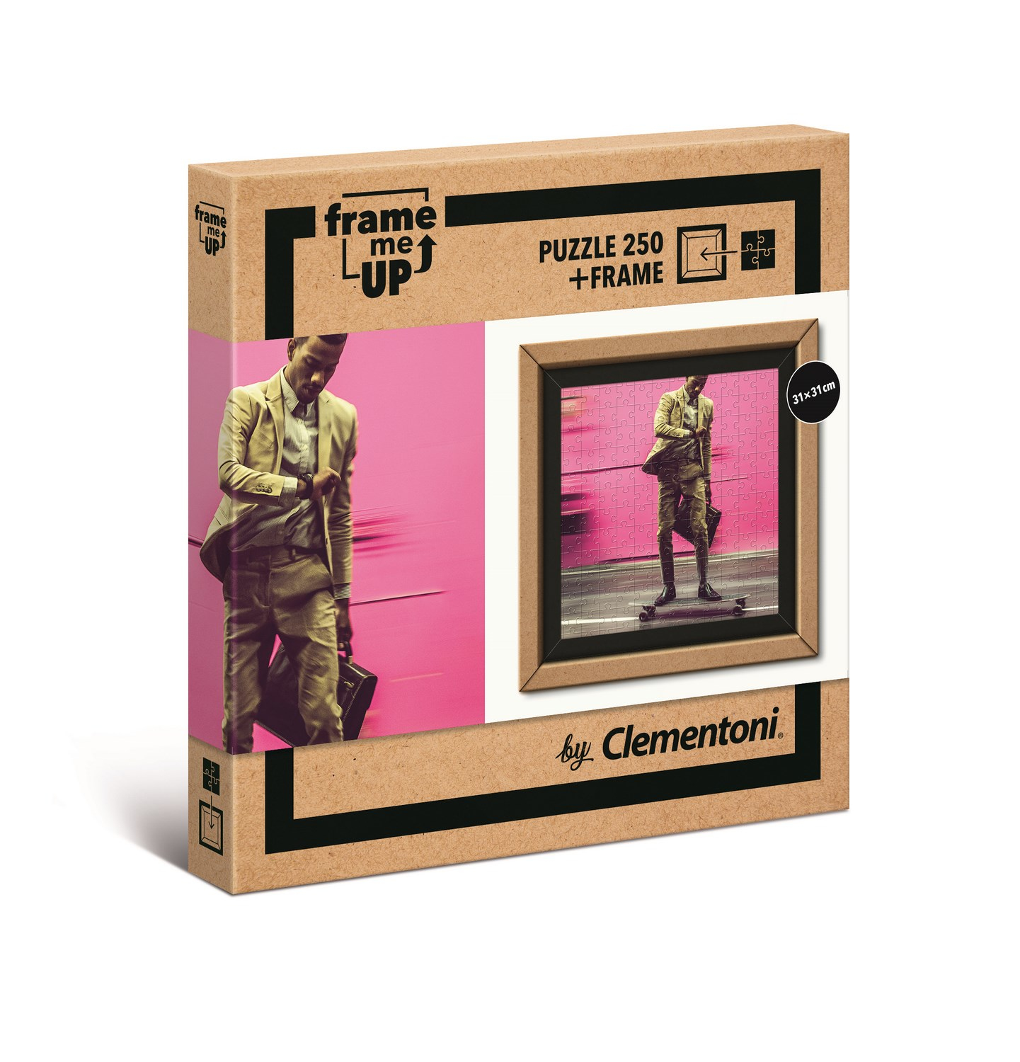 Een puzzeldoos met een man die op een skateboard naar zijn horloge kijkt. De achtergrond is roze.