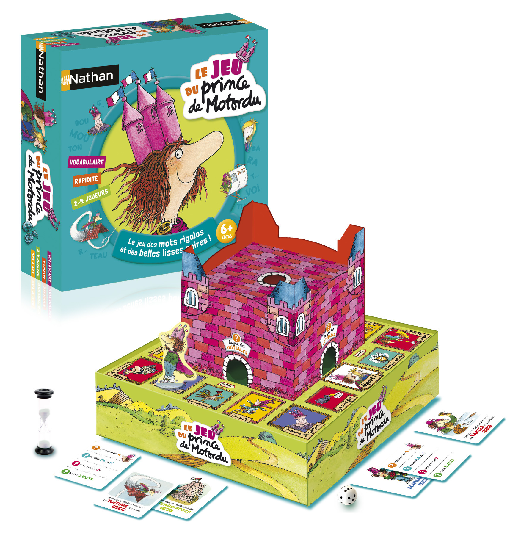 Scatola Le Jeu du Prince de Motordu, con un castello e carte. Un personaggio fumettistico è sulla scatola.